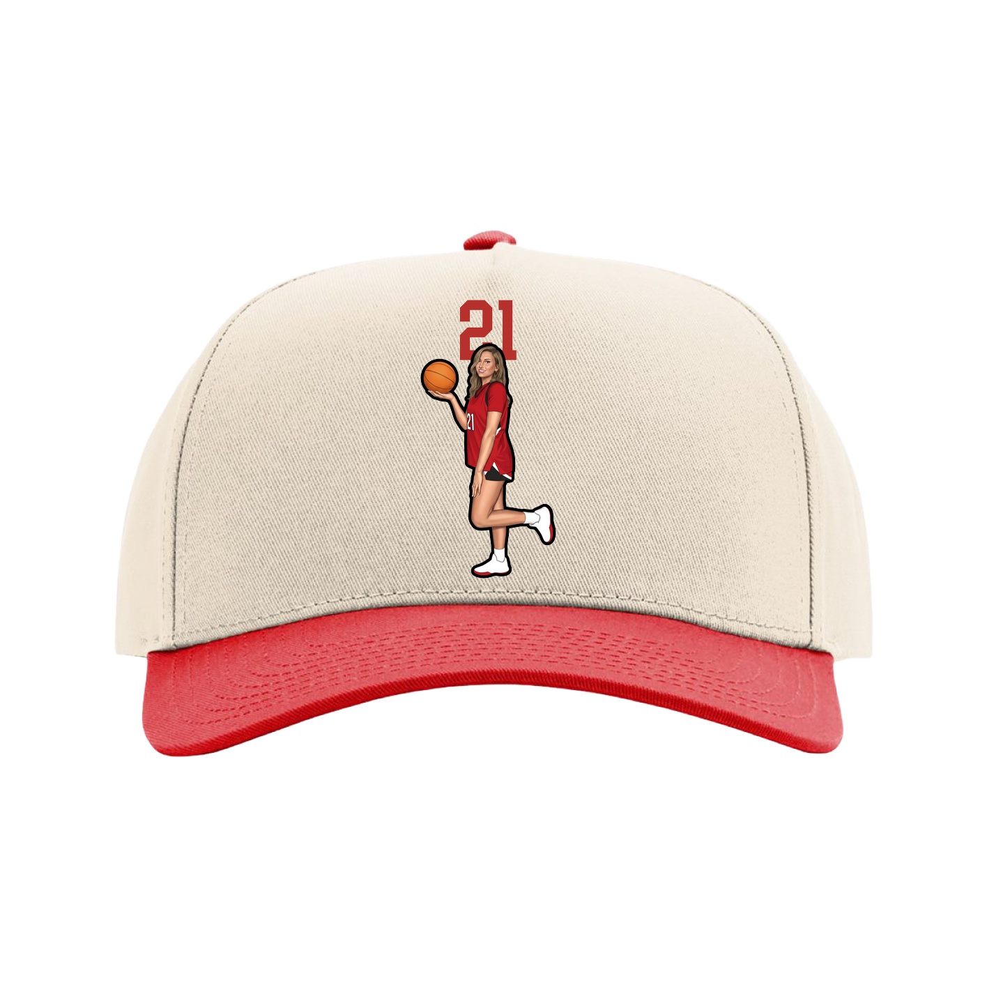 Full Fabric Five-Panel Champ Cap — Number Top in Cream/Red