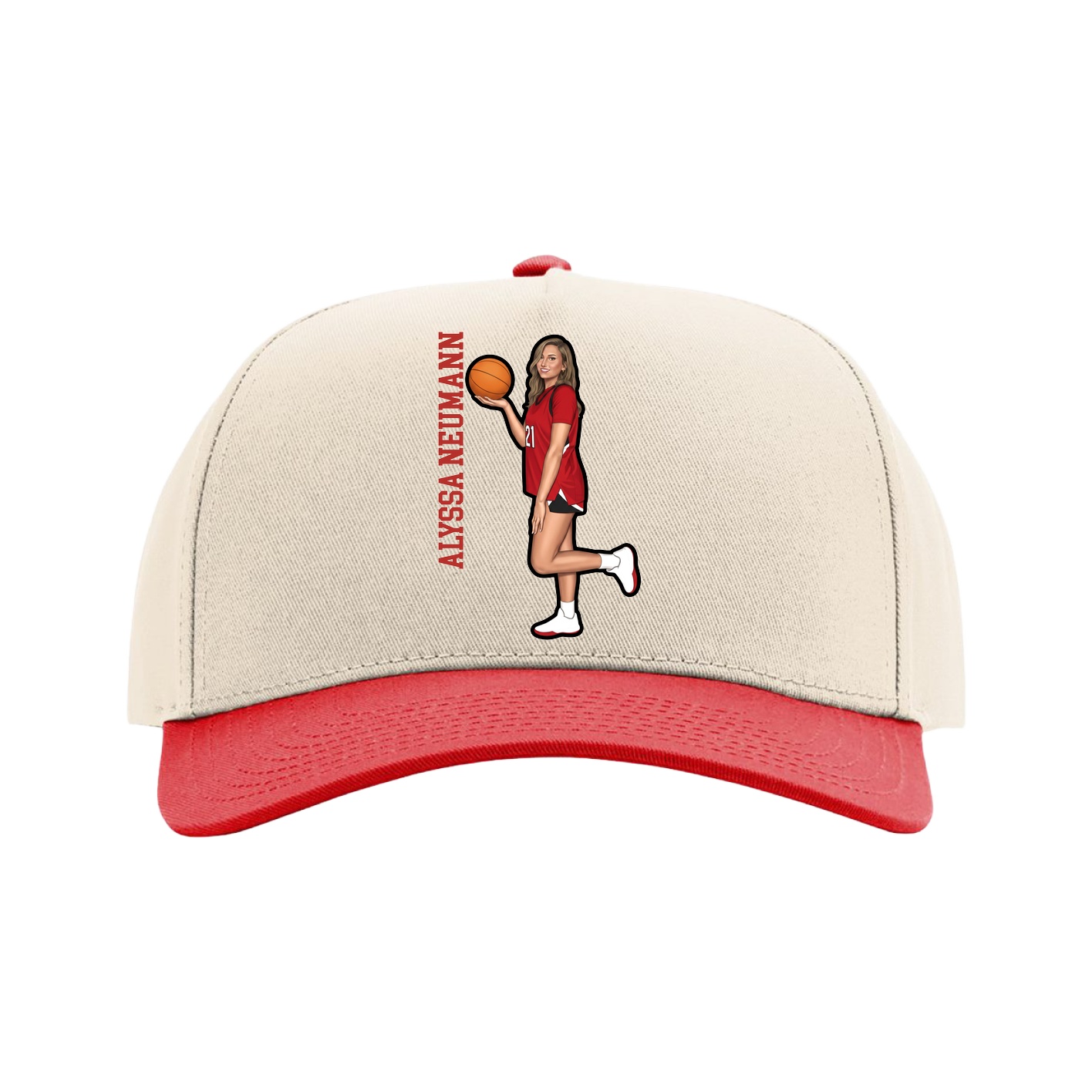 Full Fabric Five-Panel Champ Cap — Name Vertical in Cream/Red