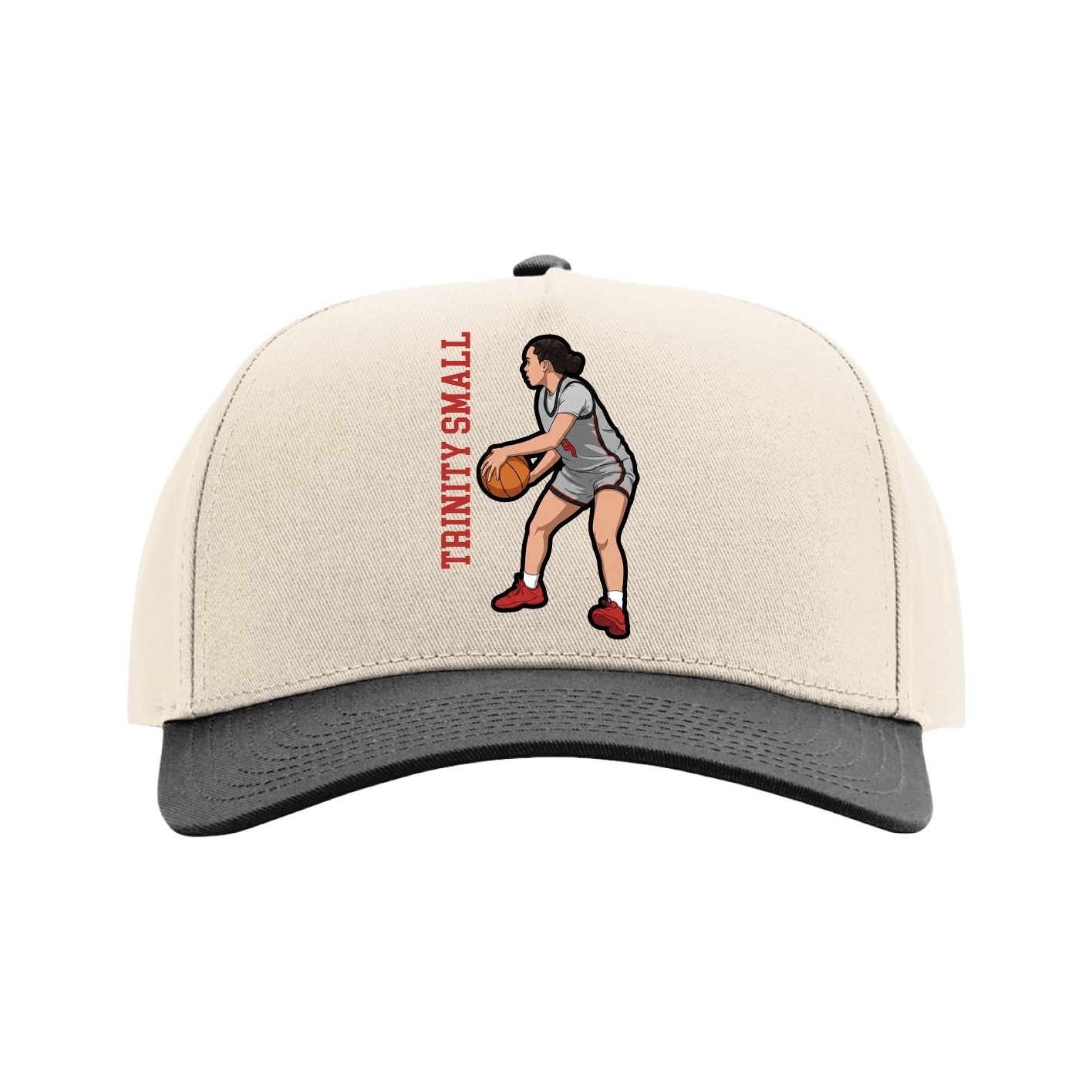 Full Fabric Five-Panel Champ Cap — Name Vertical in Cream/Black