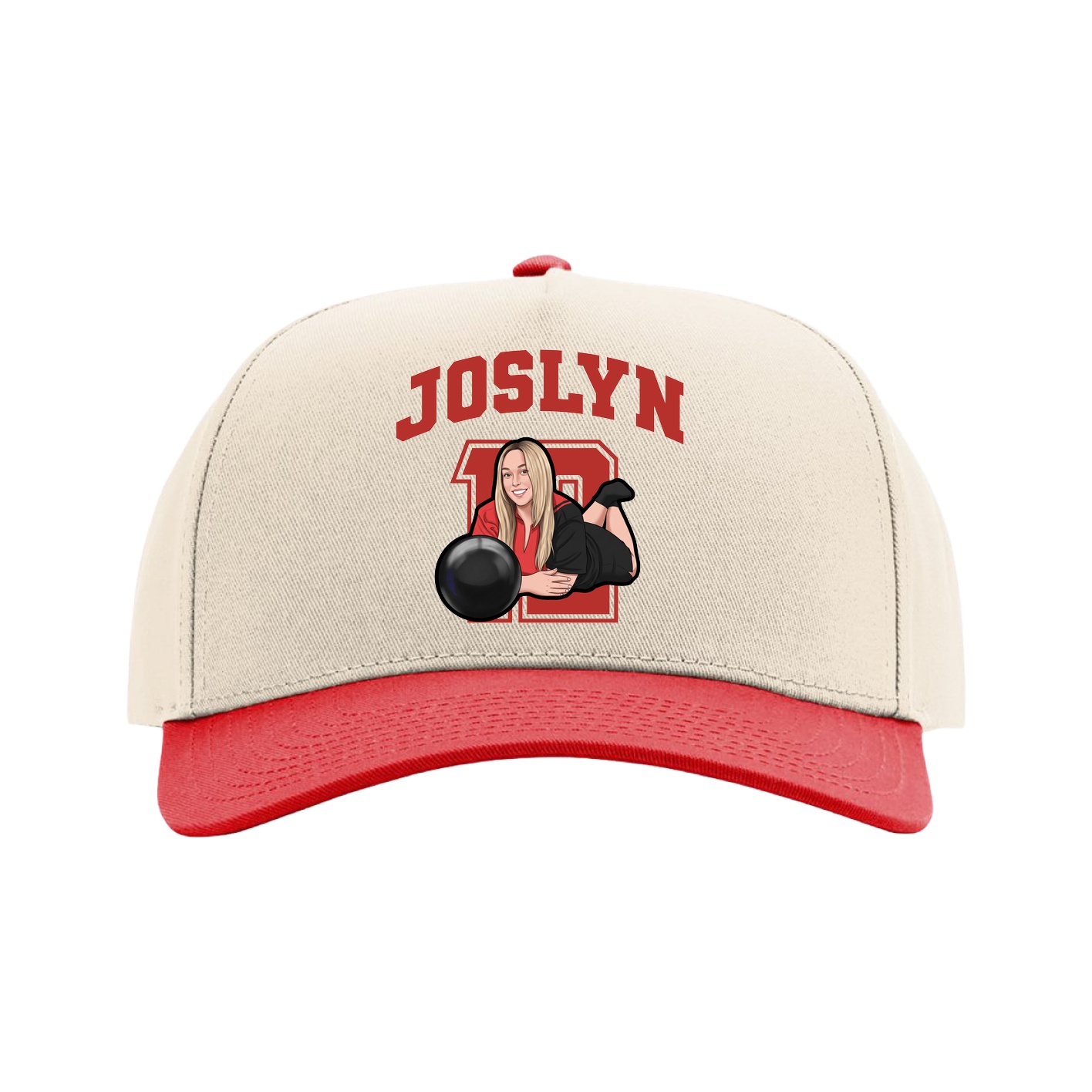 Full Fabric Five-Panel Champ Cap — Number in Cream/Red
