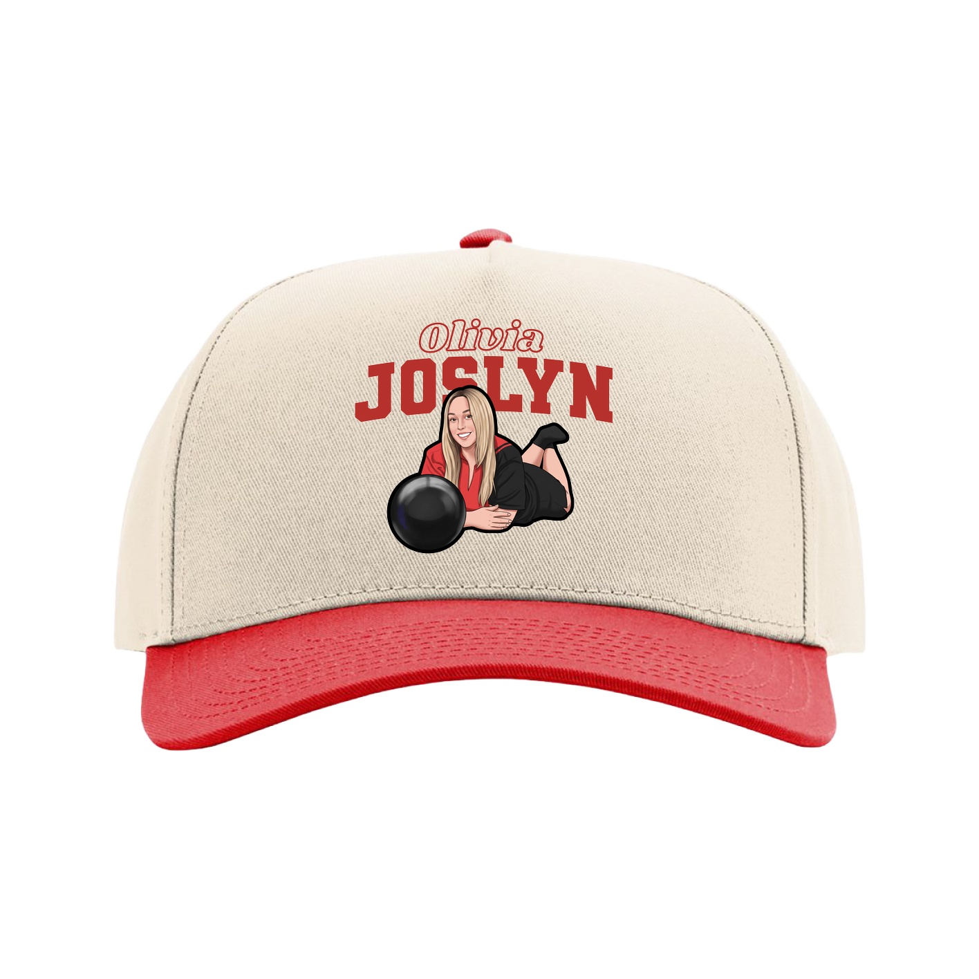 Full Fabric Five-Panel Champ Cap — Name Arch in Cream/Red