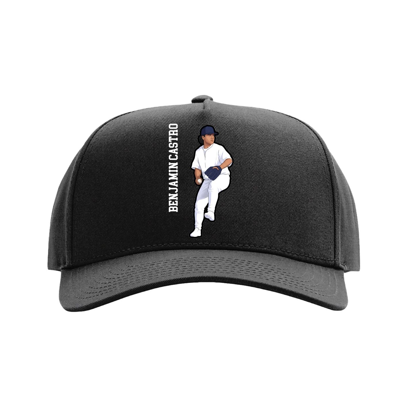 Full Fabric Five-Panel Champ Cap — Name Vertical in Black