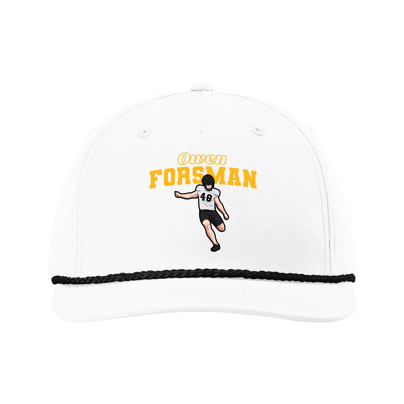 Five-Panel Classic Rope Cap — Name Arch in White