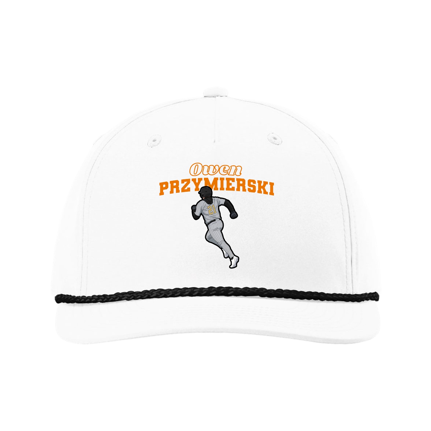 Five-Panel Classic Rope Cap — Name Arch in White