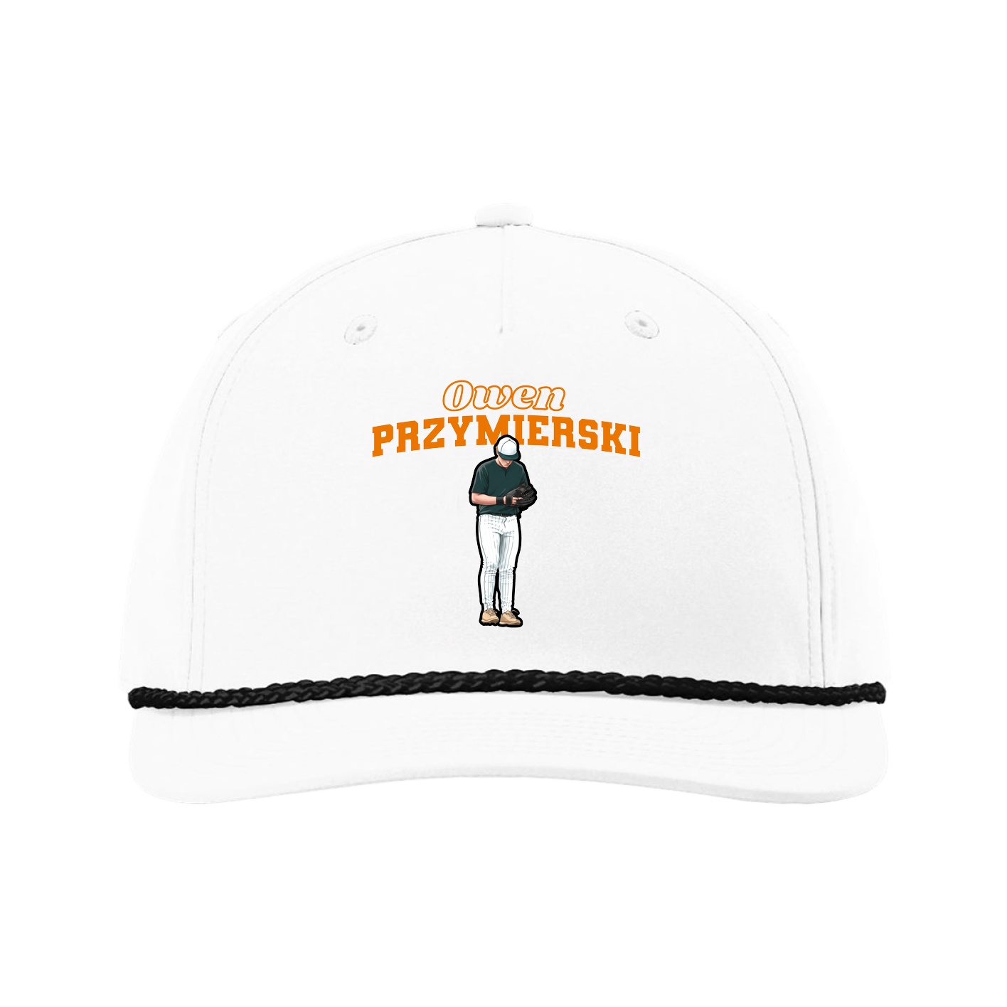 Five-Panel Classic Rope Cap — Name Arch in White