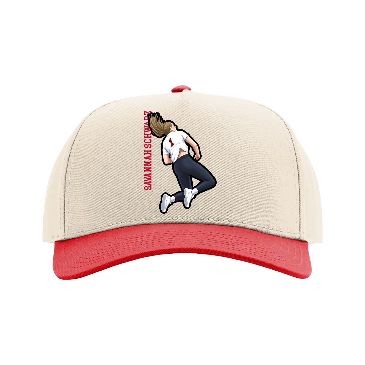 Full Fabric Five-Panel Champ Cap — Name Vertical in Cream/Red