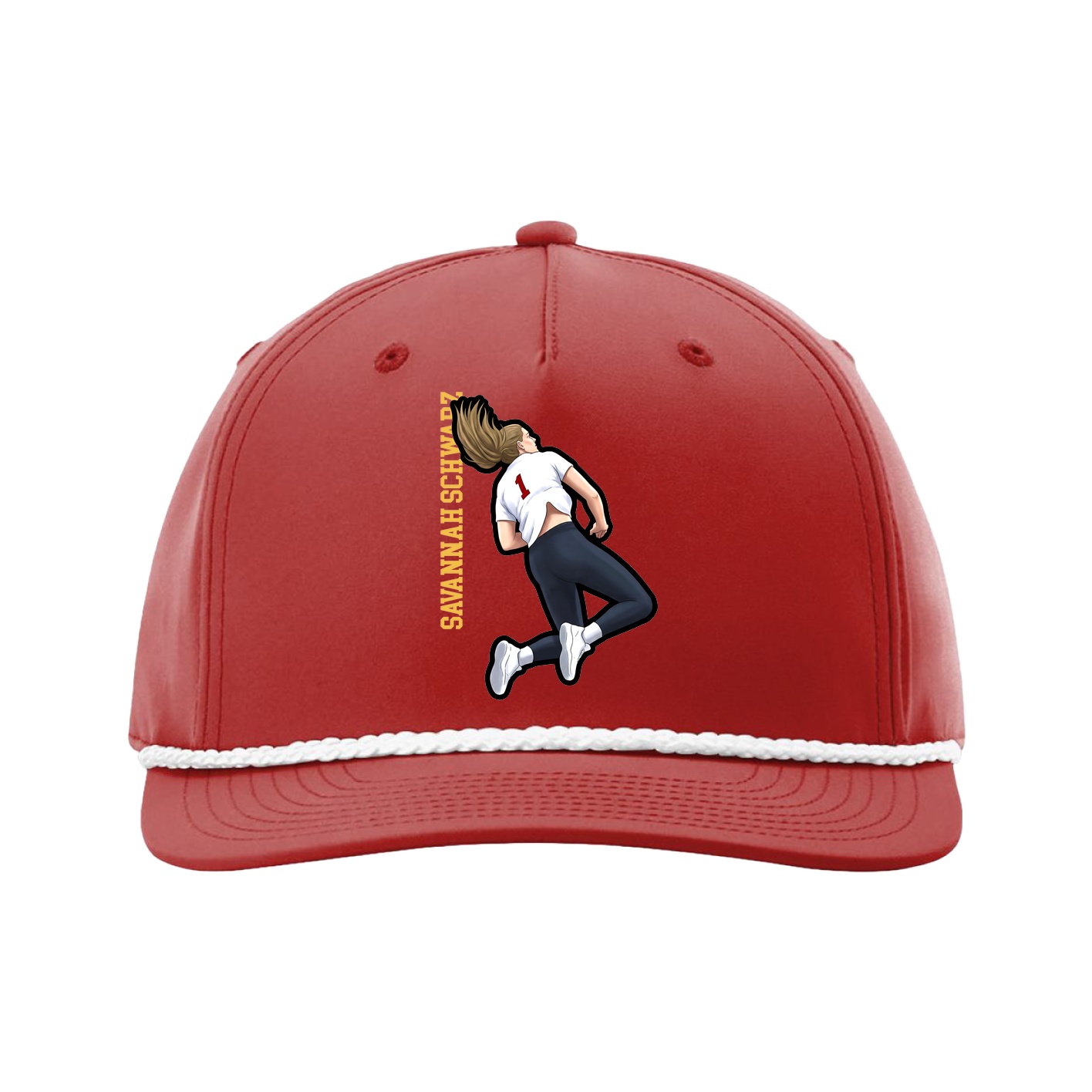 Five-Panel Classic Rope Cap — Name Vertical in Red