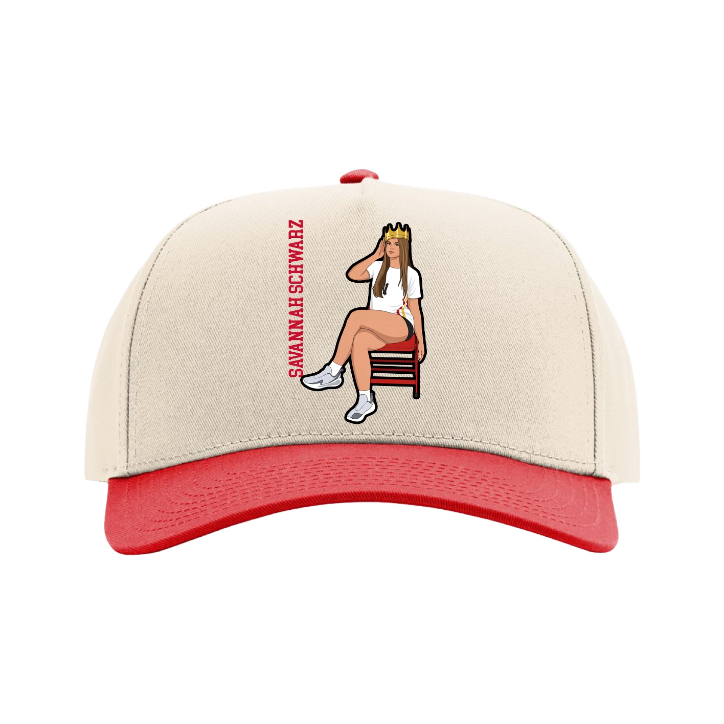 Full Fabric Five-Panel Champ Cap — Name Vertical in Cream/Red
