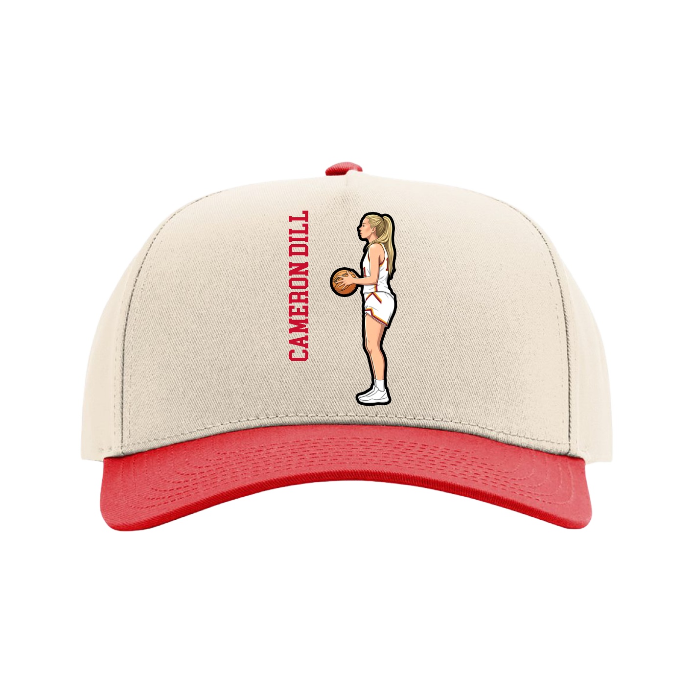 Full Fabric Five-Panel Champ Cap — Name Vertical in Cream/Red