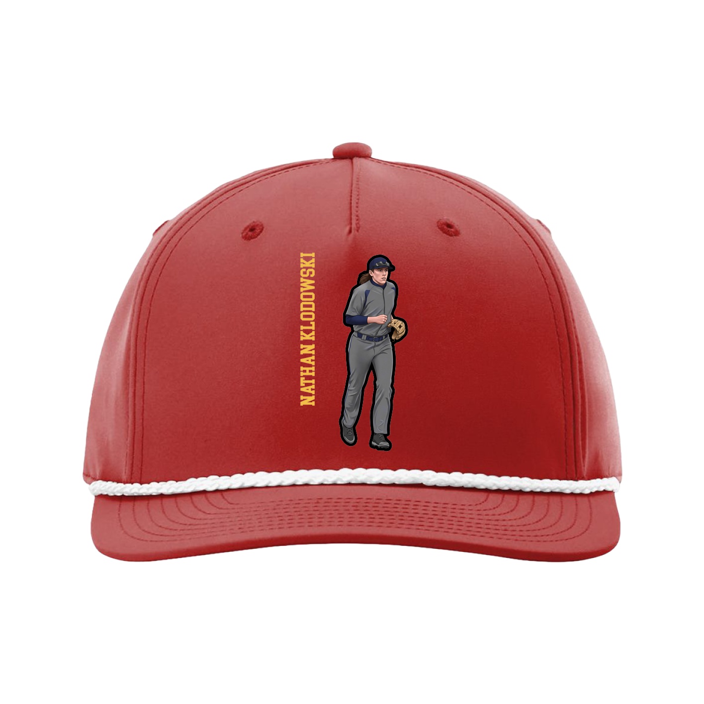 Five-Panel Classic Rope Cap — Name Vertical in Red