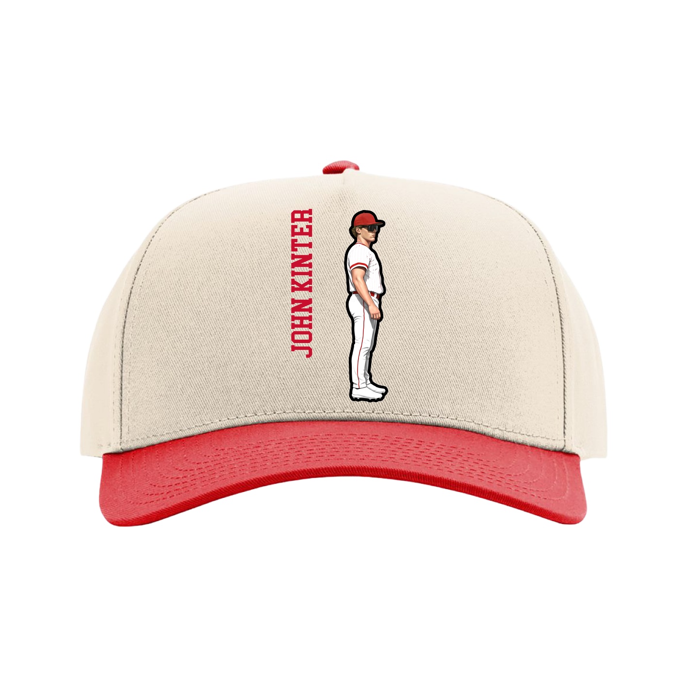 Full Fabric Five-Panel Champ Cap — Name Vertical in Cream/Red