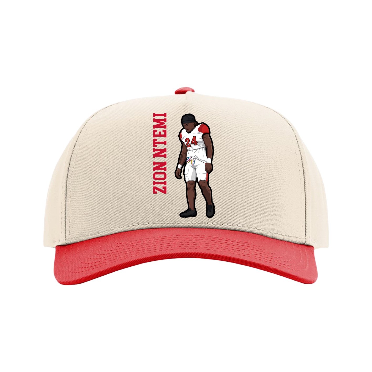 Full Fabric Five-Panel Champ Cap — Name Vertical in Cream/Red