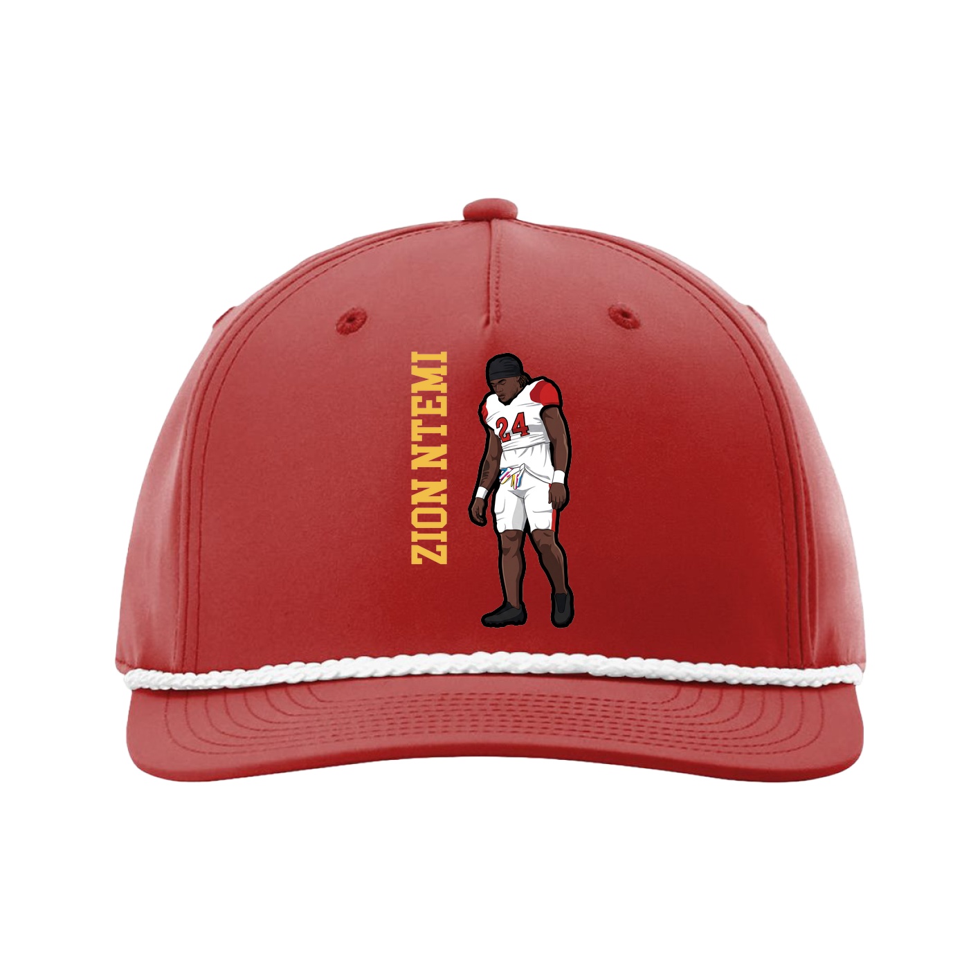 Five-Panel Classic Rope Cap — Name Vertical in Red