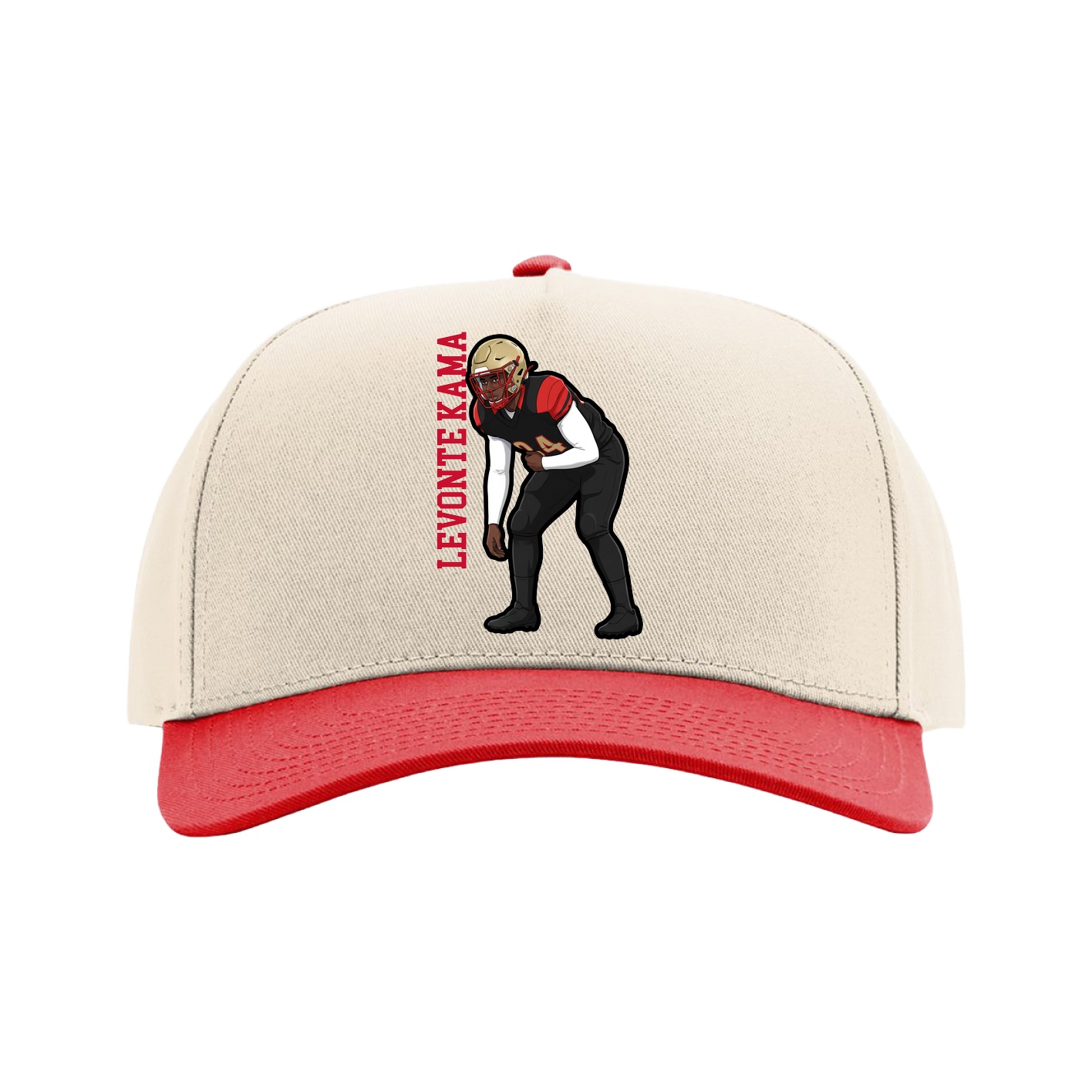 Full Fabric Five-Panel Champ Cap — Name Vertical in Cream/Red