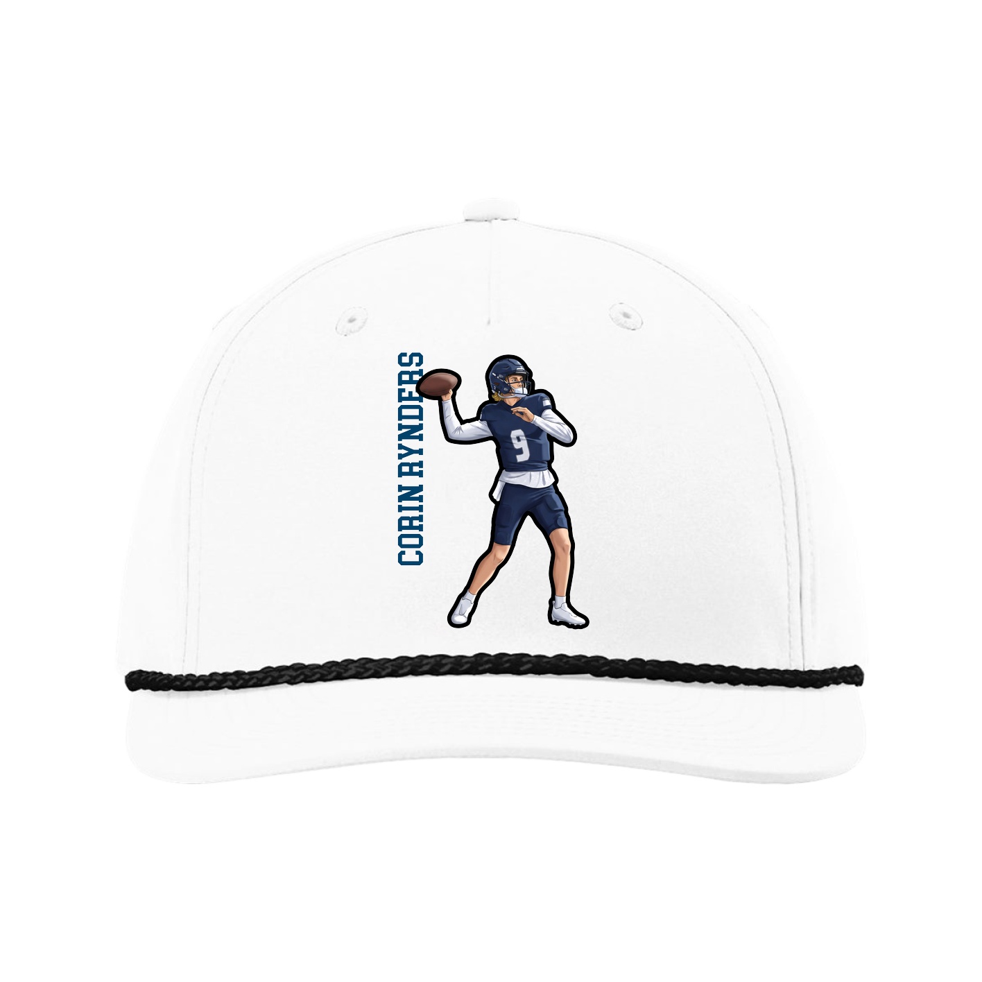 Five-Panel Classic Rope Cap — Name Vertical in White