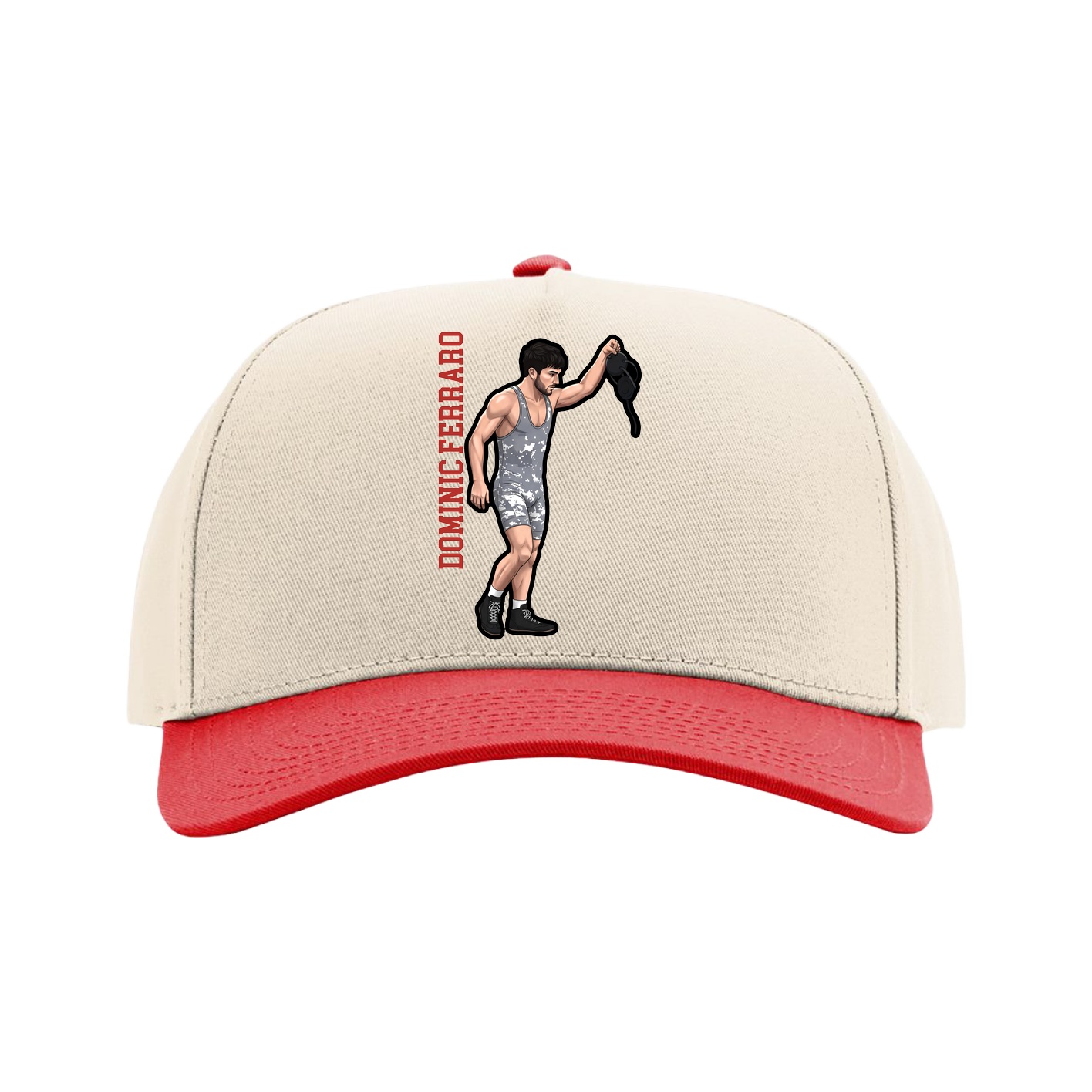 Full Fabric Five-Panel Champ Cap — Name Vertical in Cream/Red