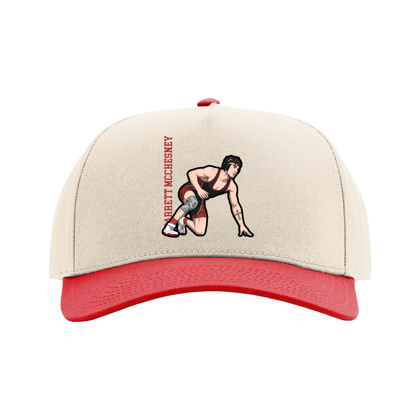 Full Fabric Five-Panel Champ Cap — Name Vertical in Cream/Red