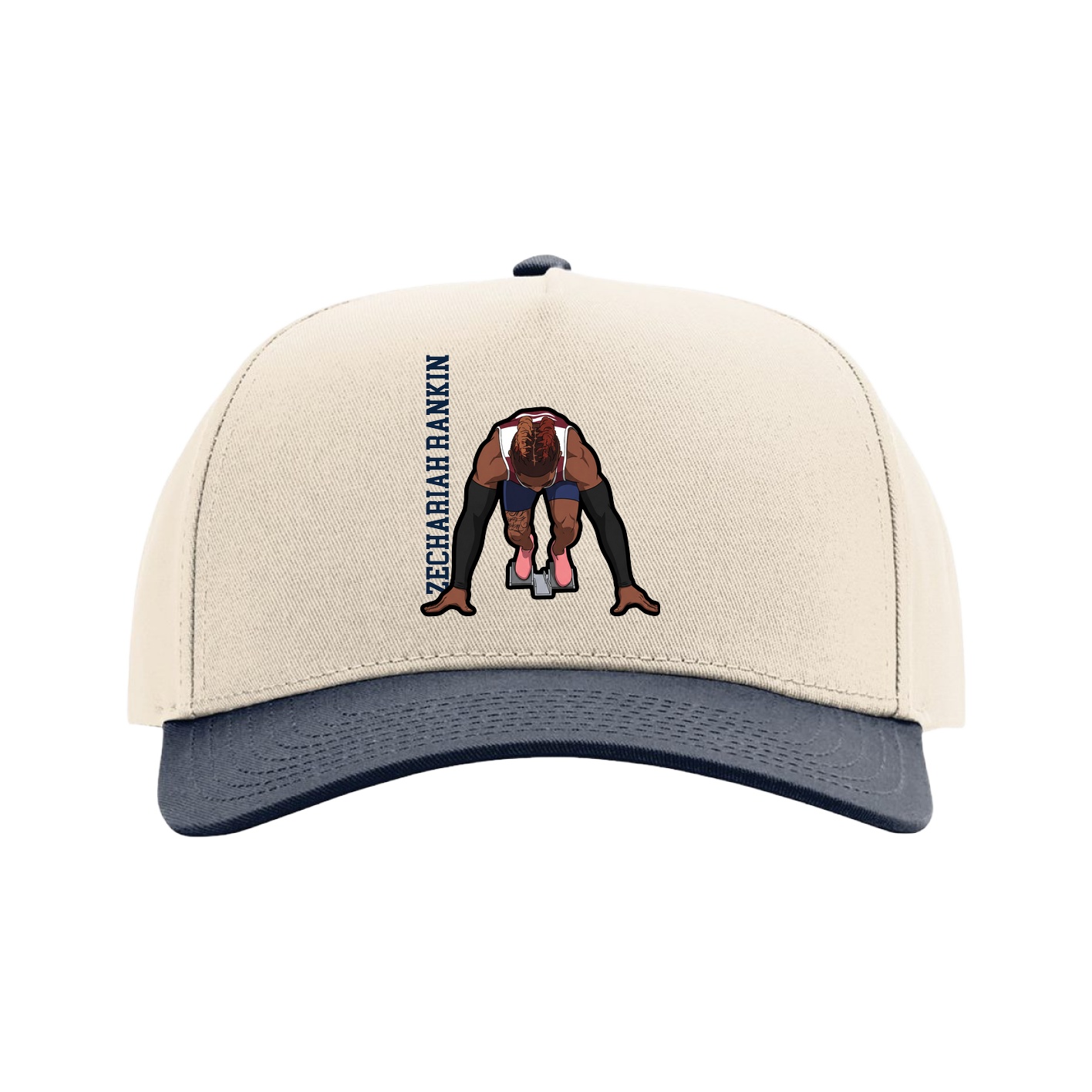 Full Fabric Five-Panel Champ Cap — Name Vertical in Cream/Navy