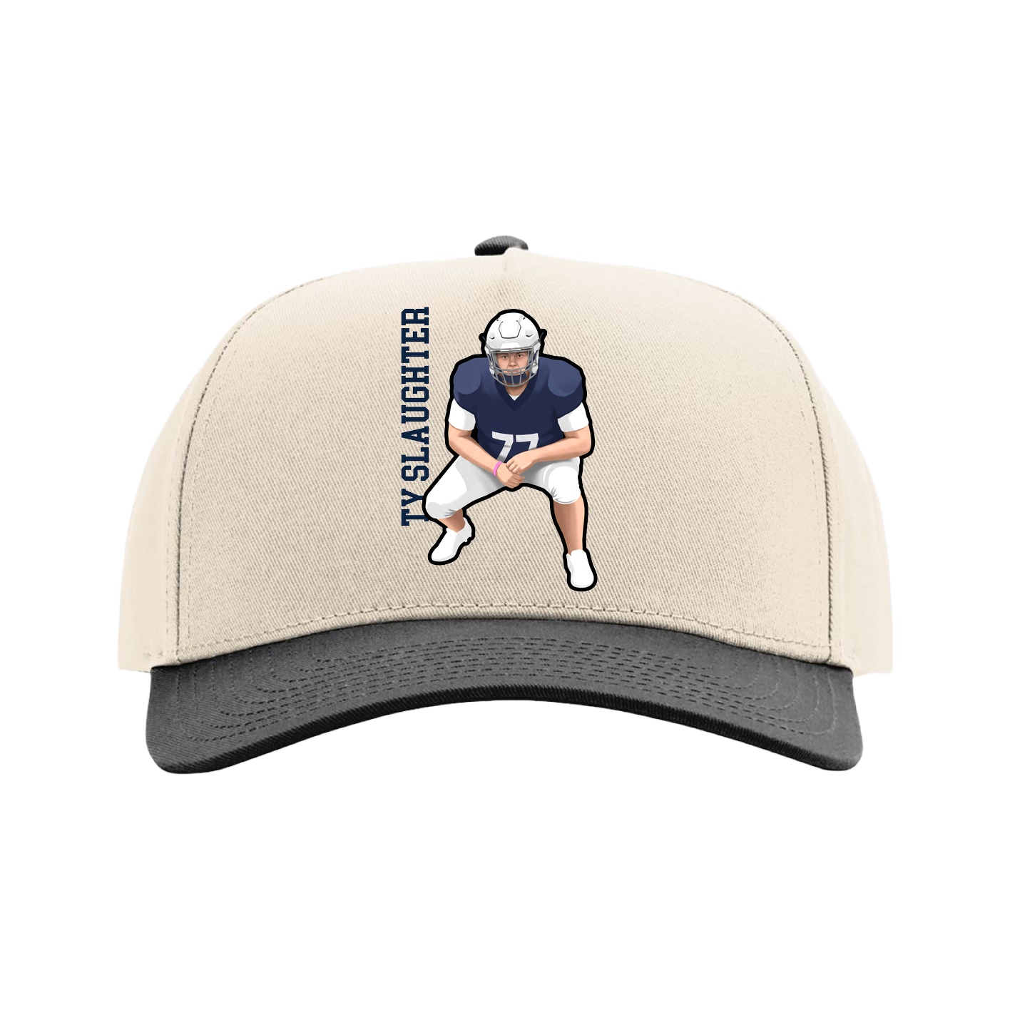 Full Fabric Five-Panel Champ Cap — Name Vertical in Cream/Black