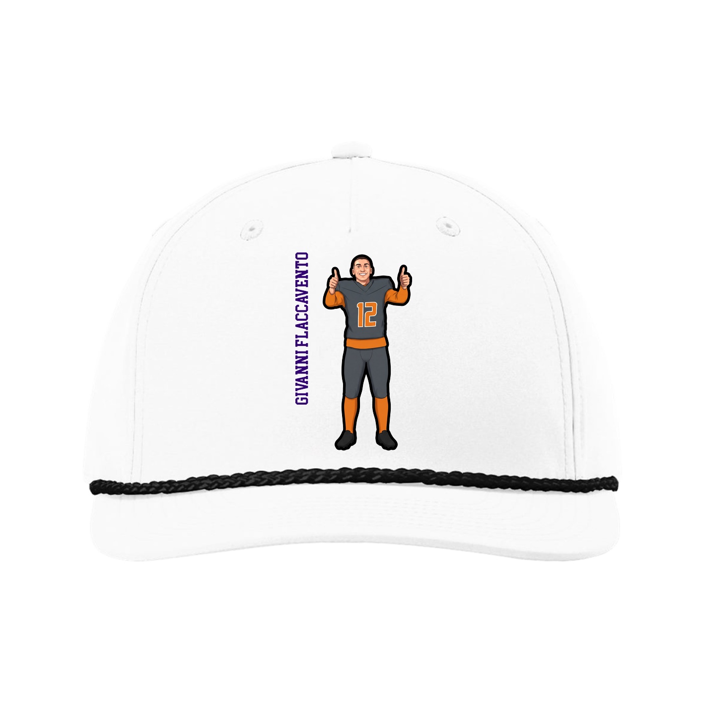 Five-Panel Classic Rope Cap — Name Vertical in White
