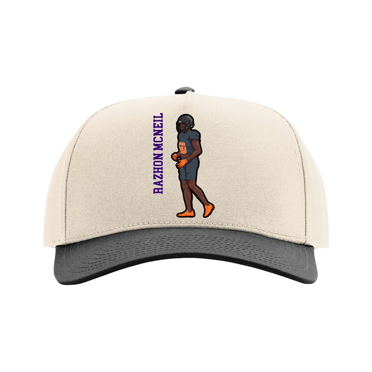 Full Fabric Five-Panel Champ Cap — Name Vertical in Cream/Black