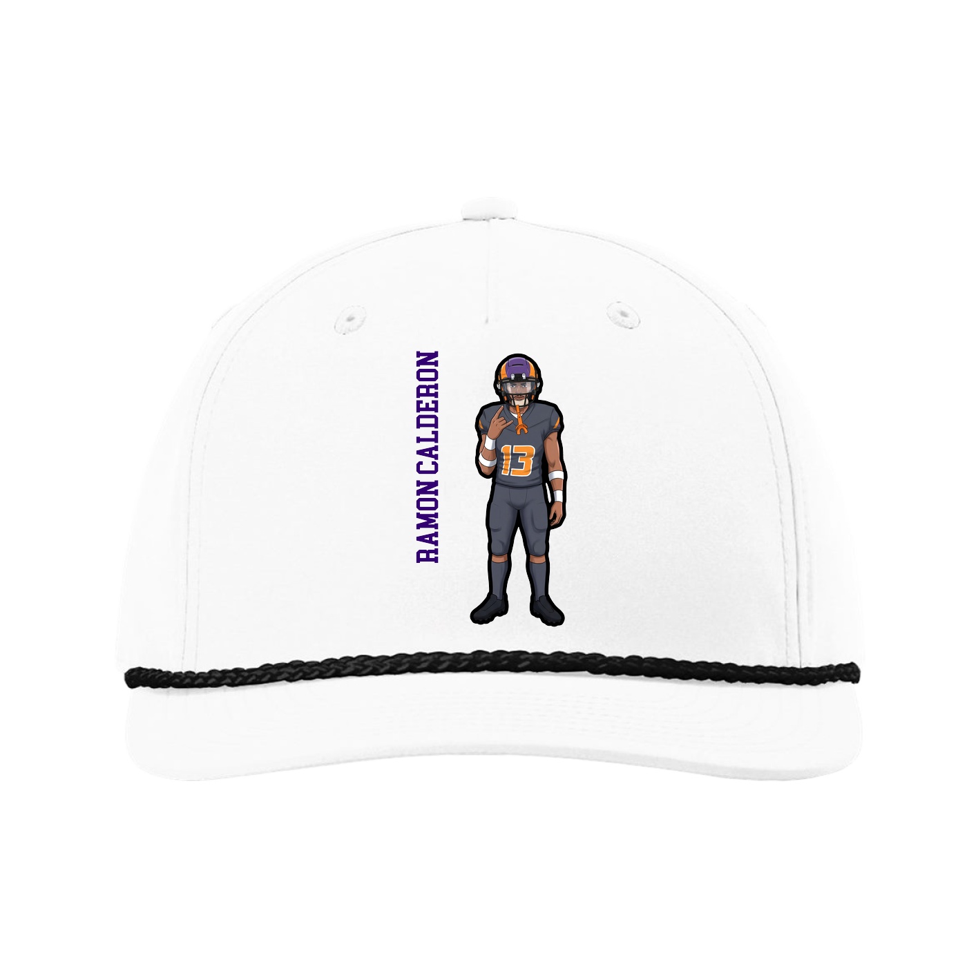 Five-Panel Classic Rope Cap — Name Vertical in White