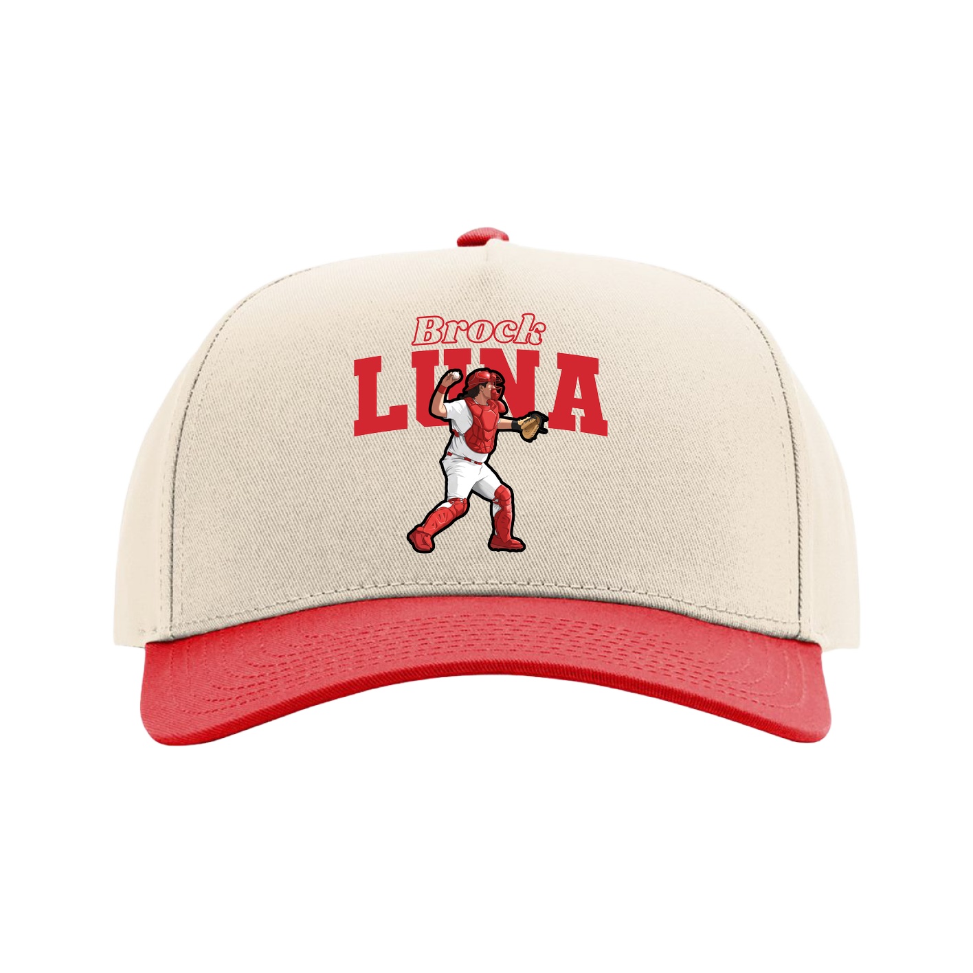 Full Fabric Five-Panel Champ Cap — Name Arch in Cream/Red