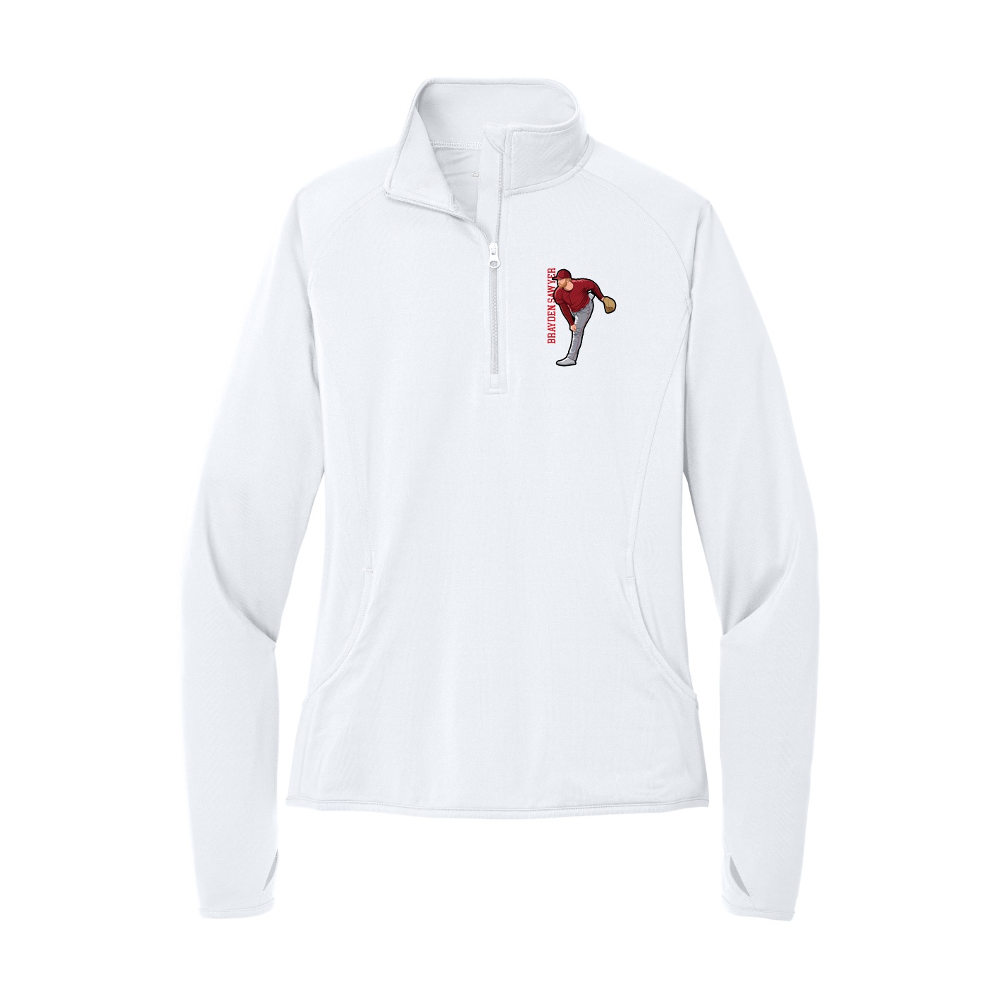 Women's Q-Zip Pullover — Name Vertical in White
