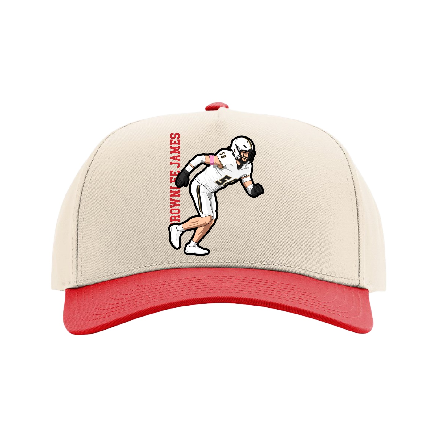 Full Fabric Five-Panel Champ Cap — Name Vertical in Cream/Red