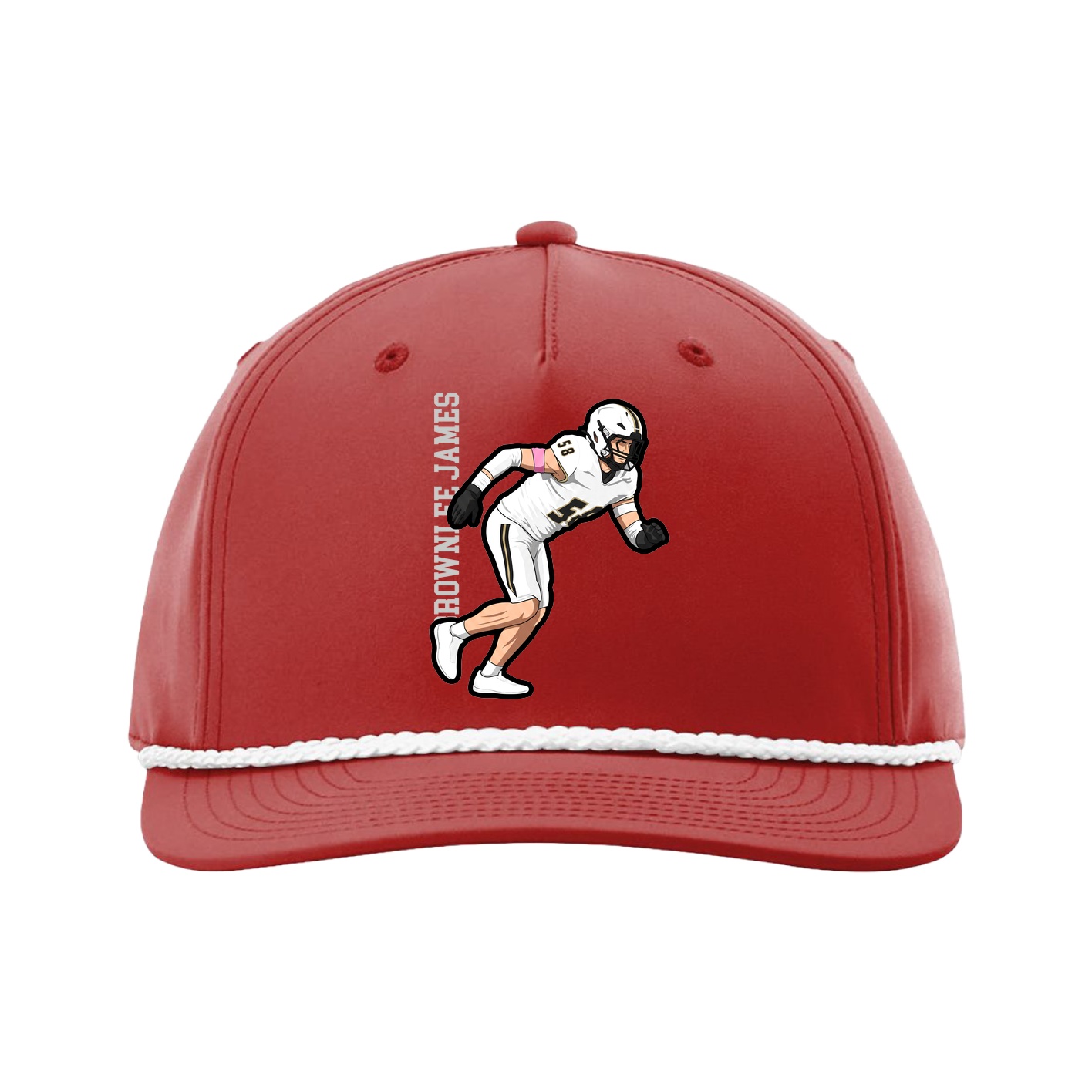 Five-Panel Classic Rope Cap — Name Vertical in Red