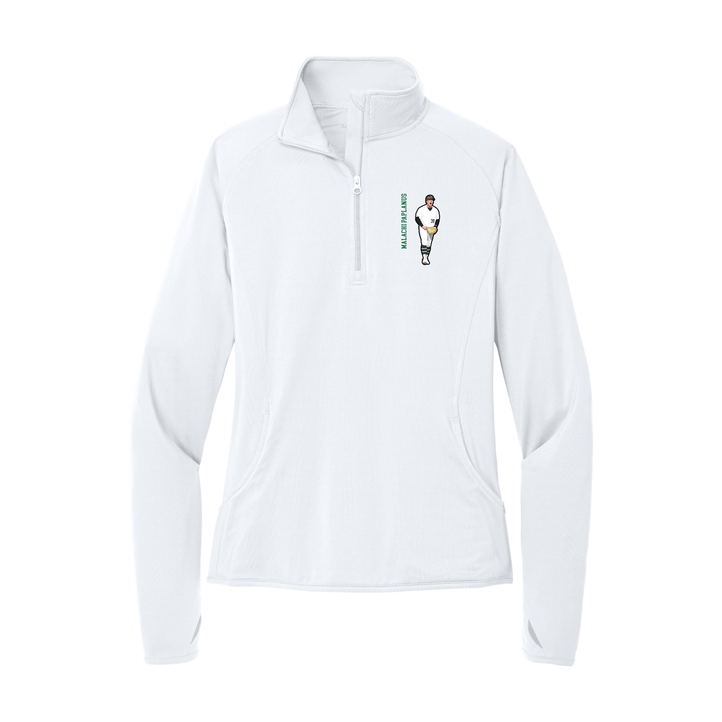 Women's Q-Zip Pullover — Name Vertical in White