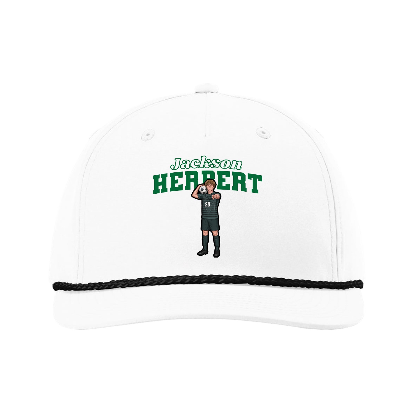 Five-Panel Classic Rope Cap — Name Arch in White