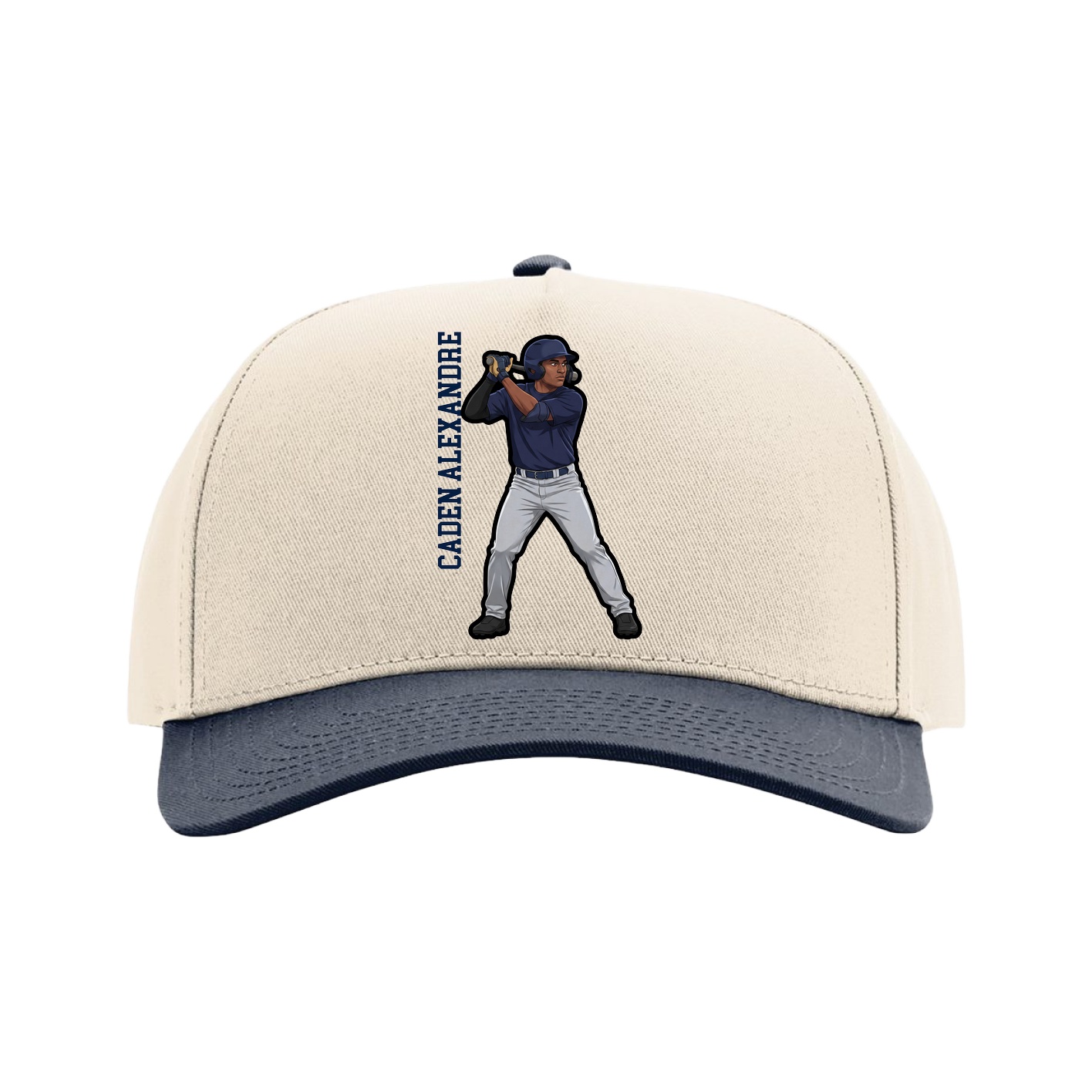 Full Fabric Five-Panel Champ Cap — Name Vertical in Cream/Navy
