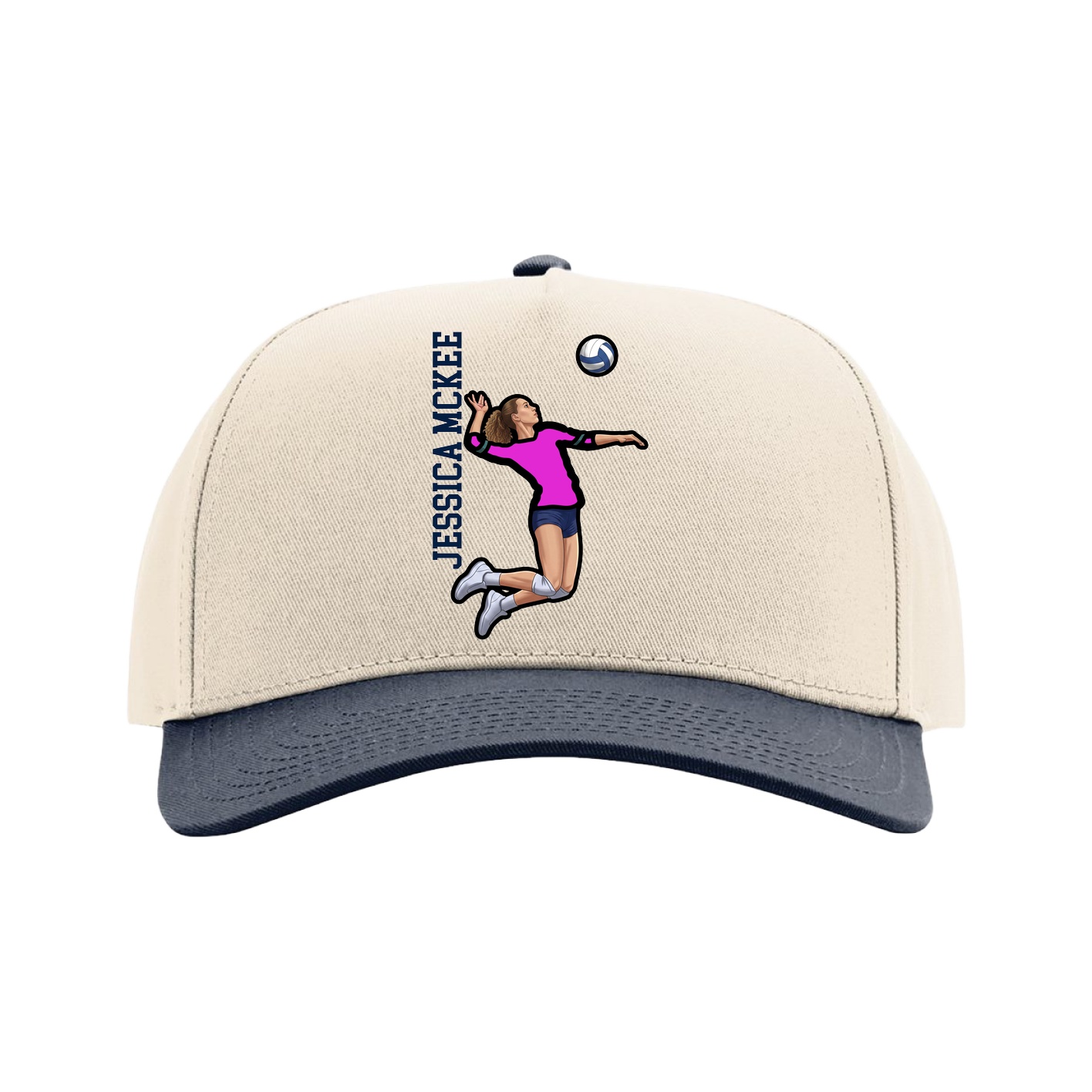 Full Fabric Five-Panel Champ Cap — Name Vertical in Cream/Navy