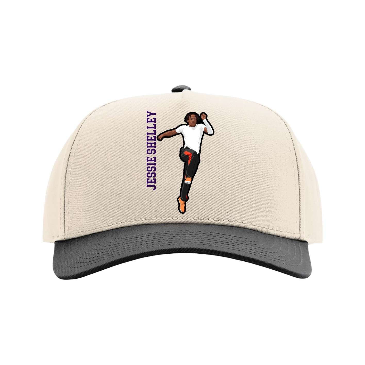 Full Fabric Five-Panel Champ Cap — Name Vertical in Cream/Black