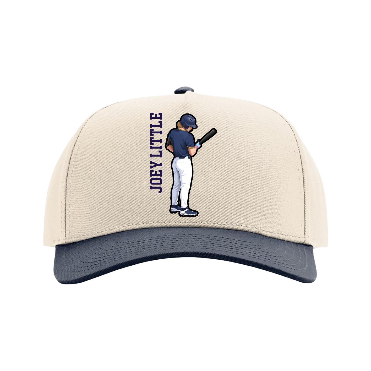 Full Fabric Five-Panel Champ Cap — Name Vertical in Cream/Navy