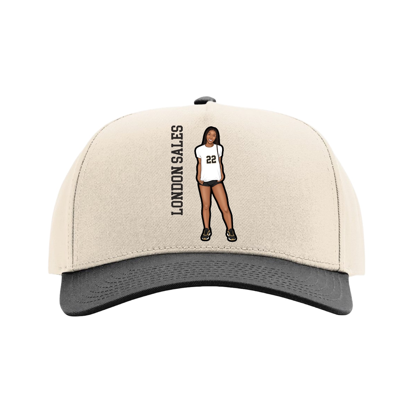 Full Fabric Five-Panel Champ Cap — Name Vertical in Cream/Black