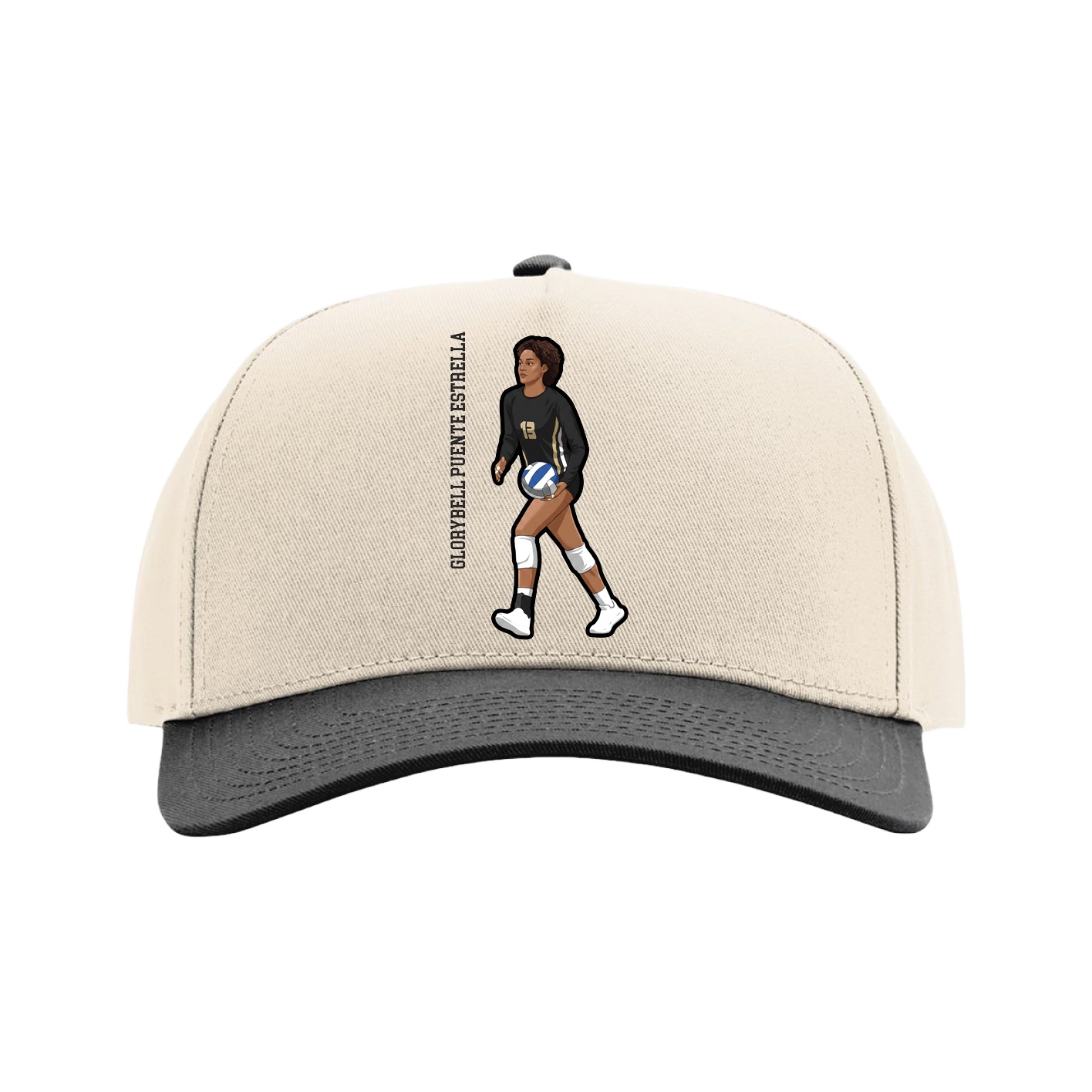 Full Fabric Five-Panel Champ Cap — Name Vertical in Cream/Black