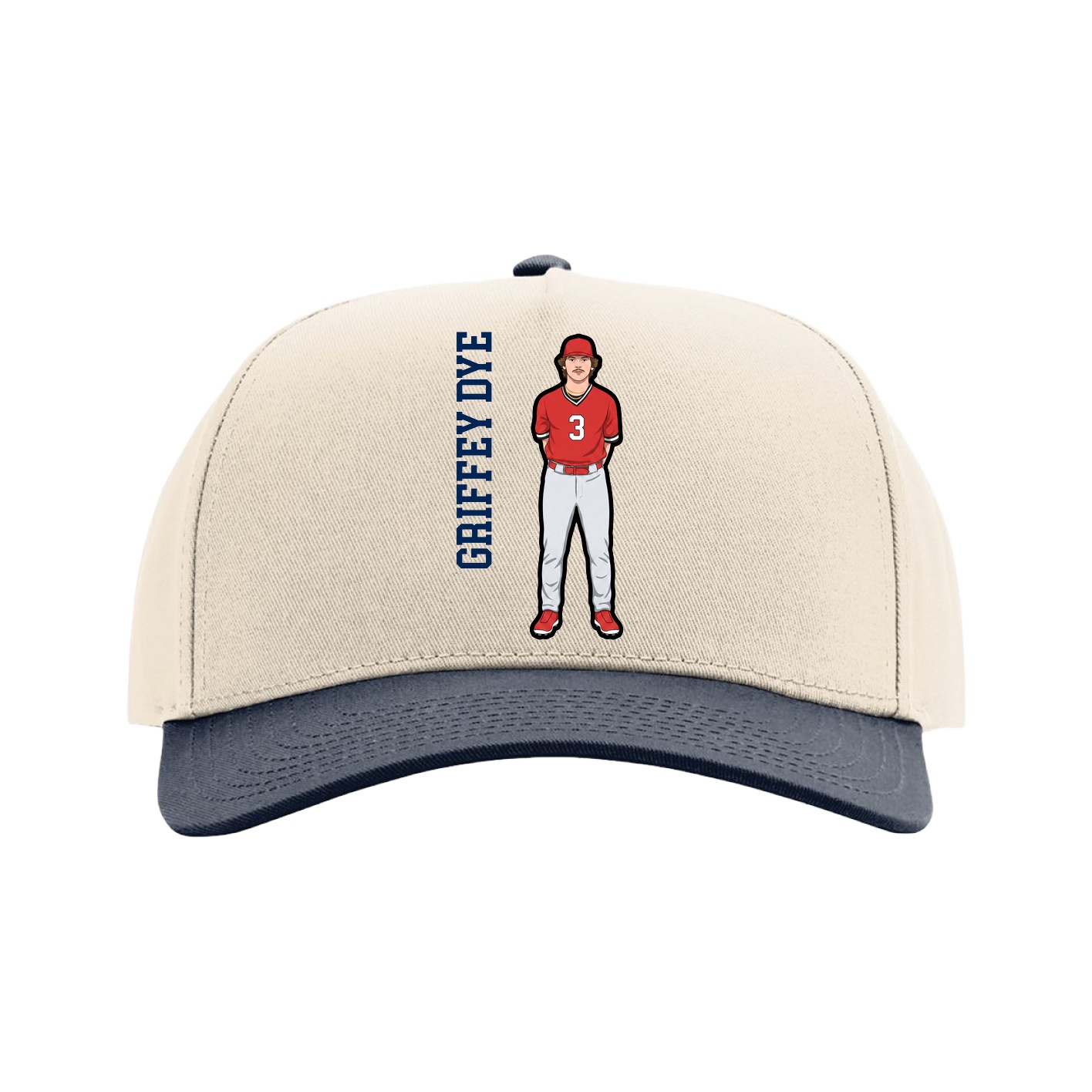 Full Fabric Five-Panel Champ Cap — Name Vertical in Cream/Navy