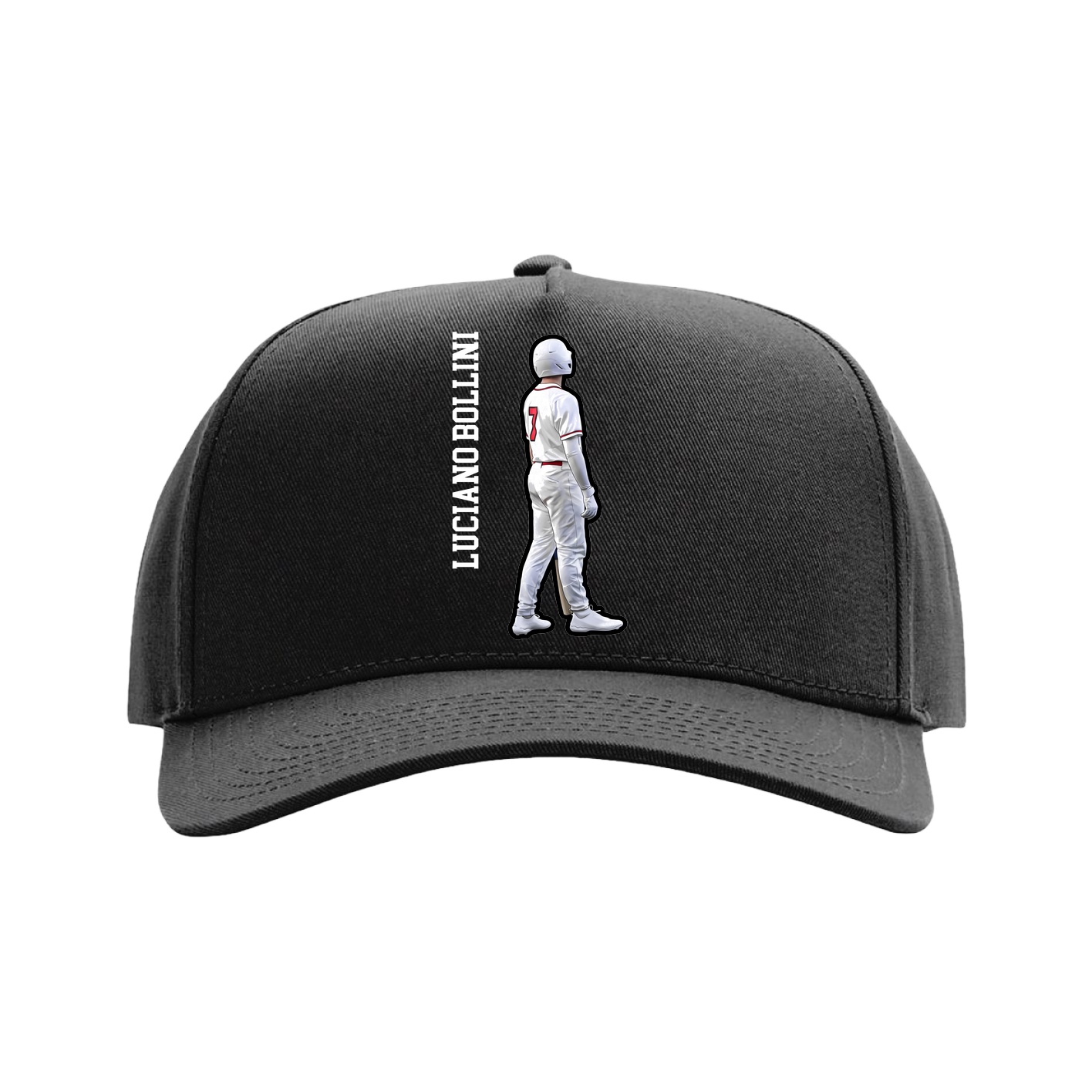 Full Fabric Five-Panel Champ Cap — Name Vertical in Black
