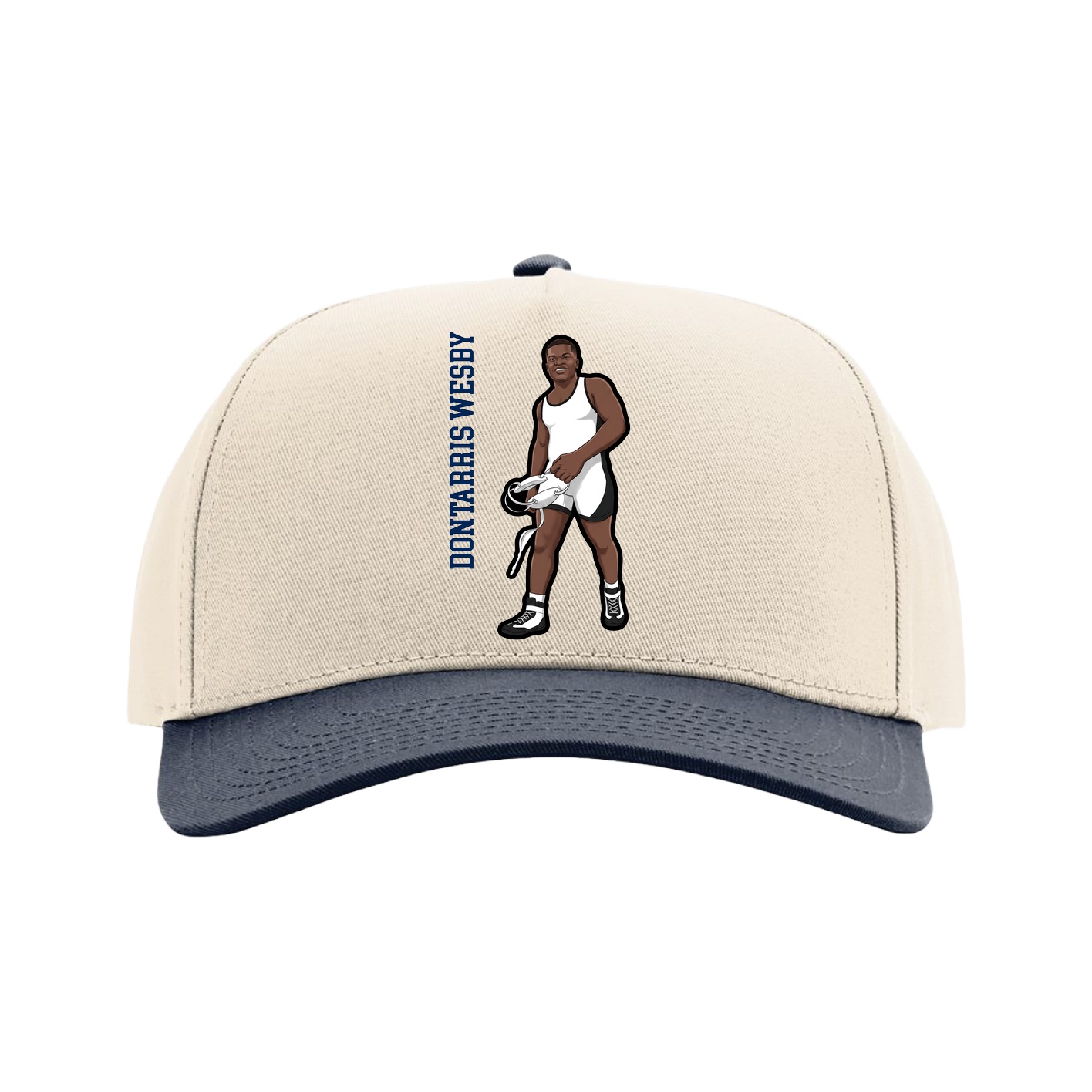 Full Fabric Five-Panel Champ Cap — Name Vertical in Cream/Navy