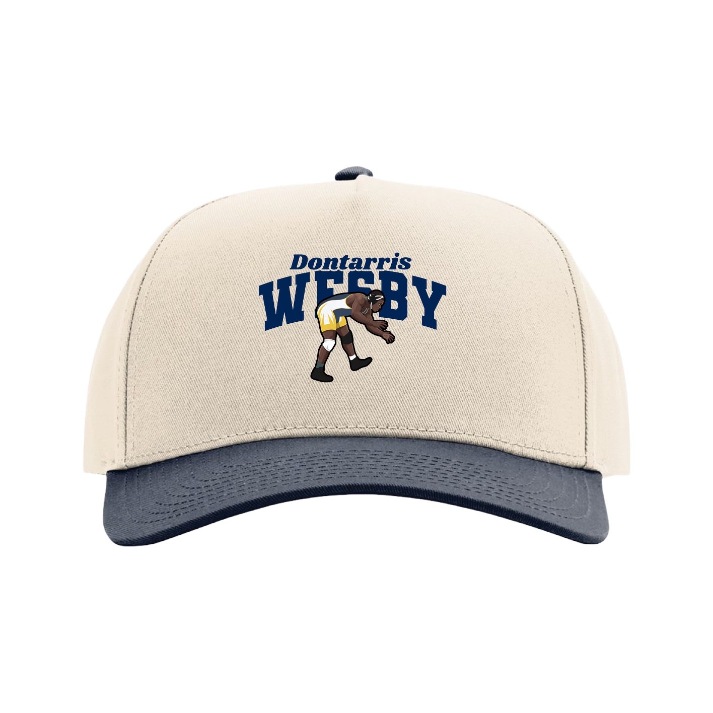 Full Fabric Five-Panel Champ Cap — Signature Arch in Cream/Navy