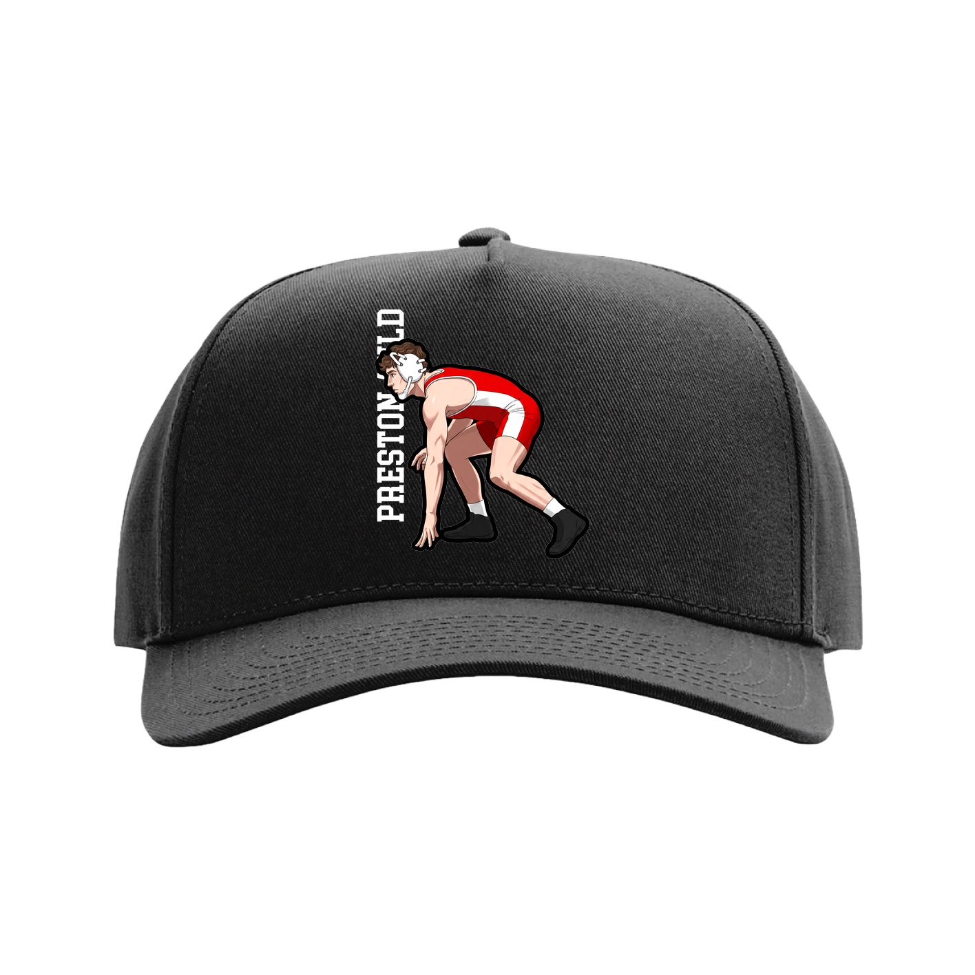 Full Fabric Five-Panel Champ Cap — Name Vertical in Black