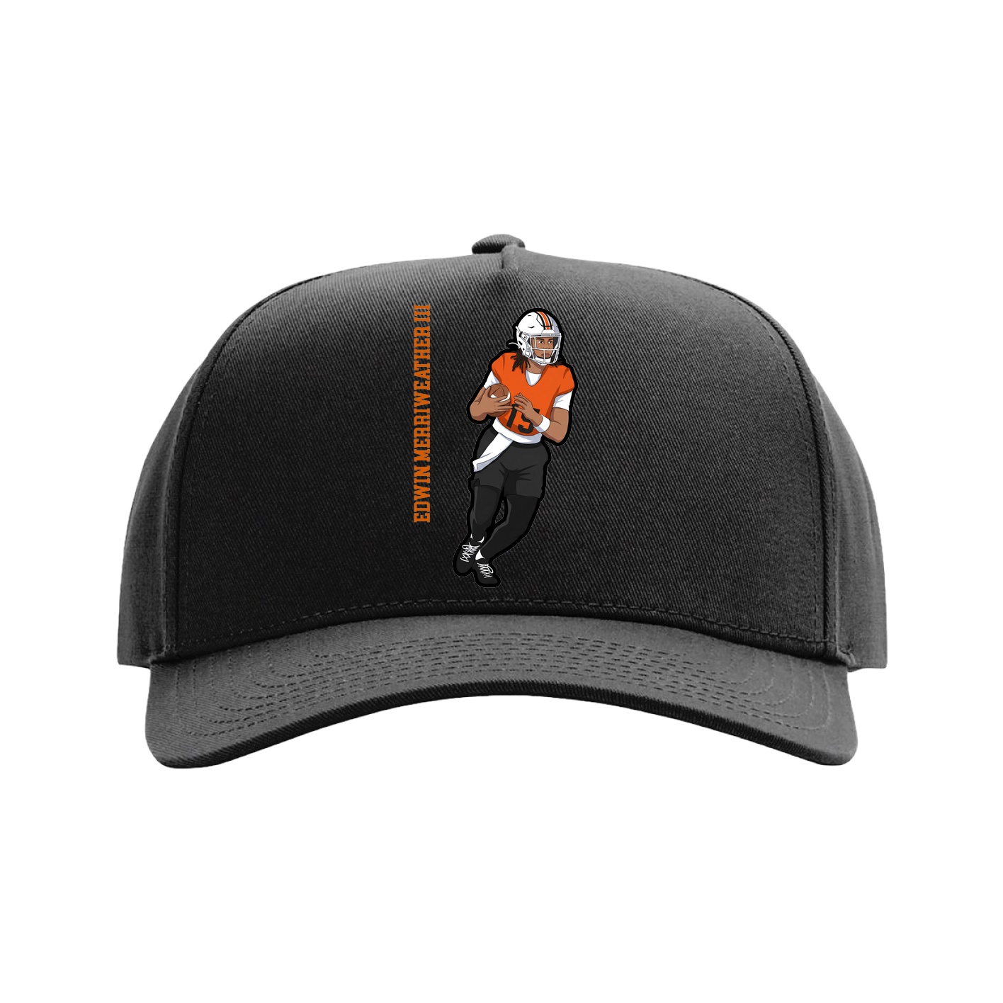 Full Fabric Five-Panel Champ Cap — Name Vertical in Black