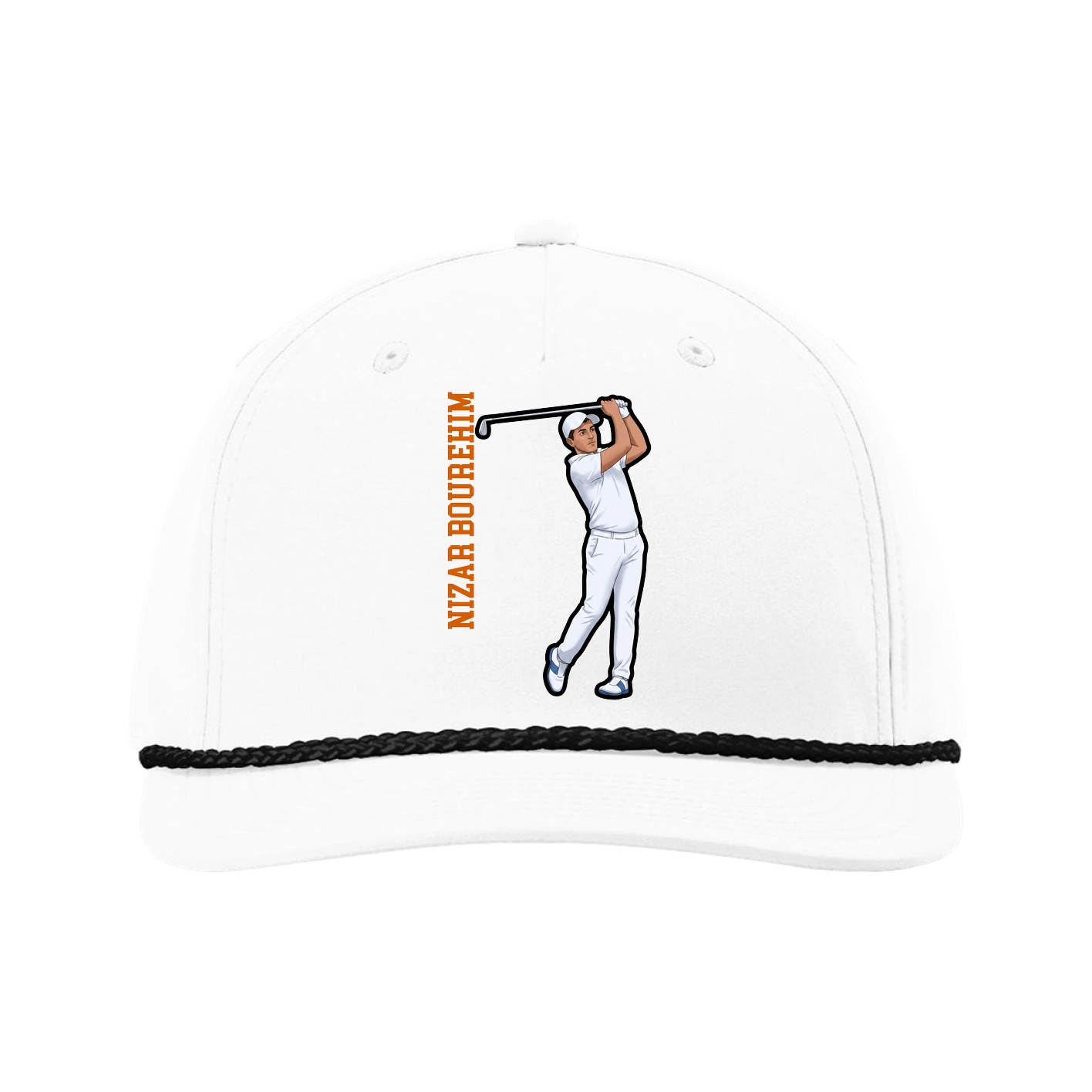 Five-Panel Classic Rope Cap — Name Vertical in White