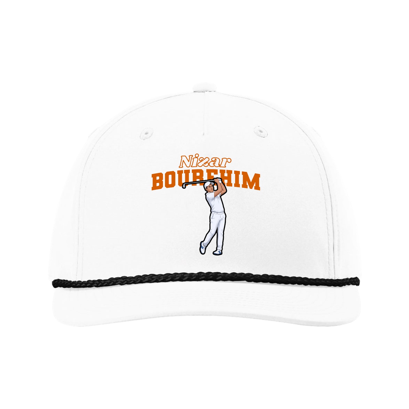 Five-Panel Classic Rope Cap — Name Arch in White