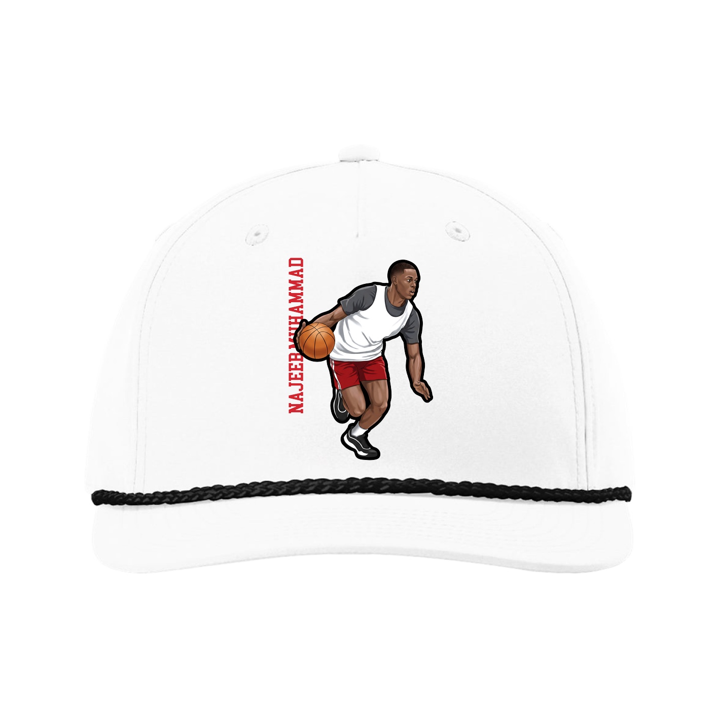 Five-Panel Classic Rope Cap — Name Vertical in White