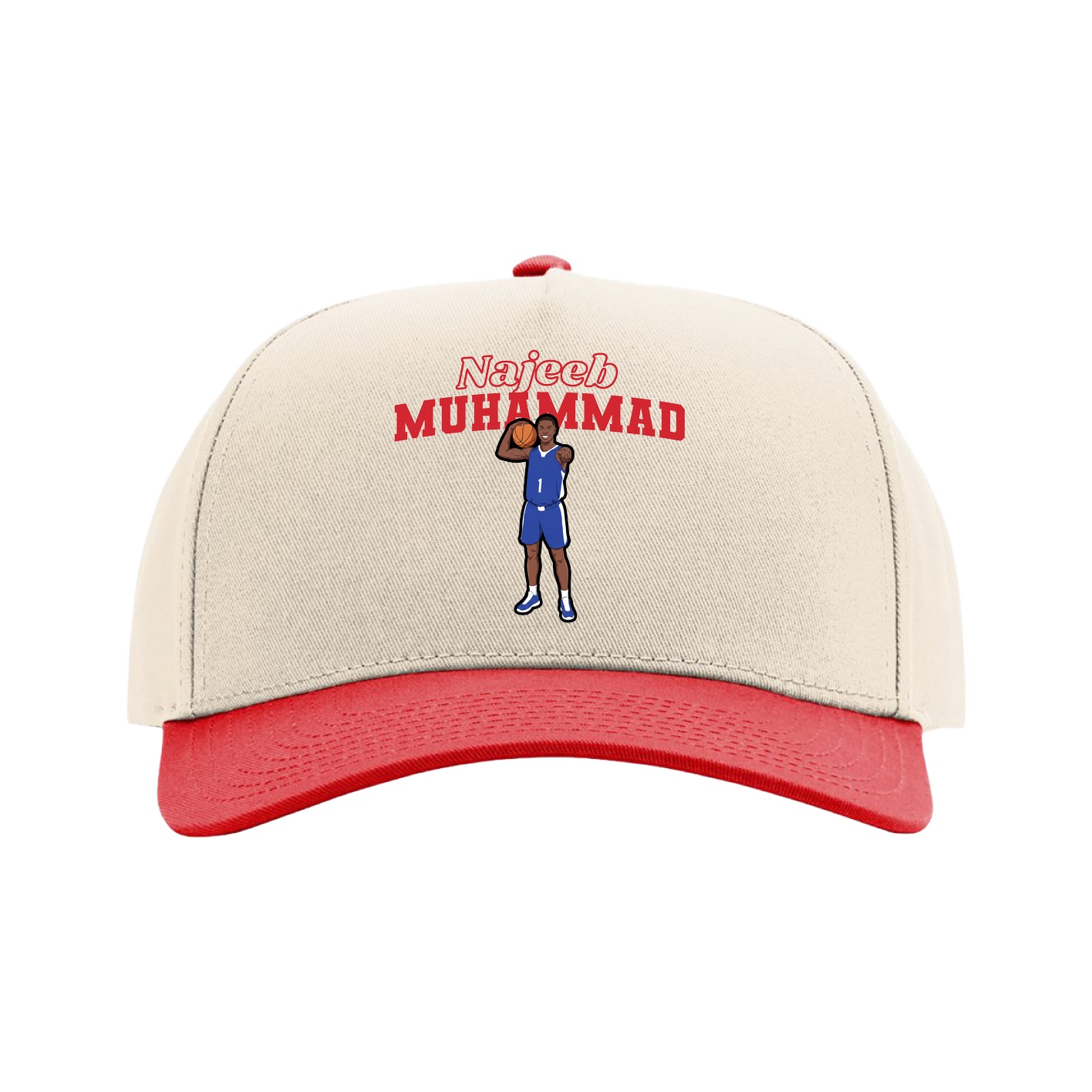 Full Fabric Five-Panel Champ Cap — Name Arch in Cream/Red