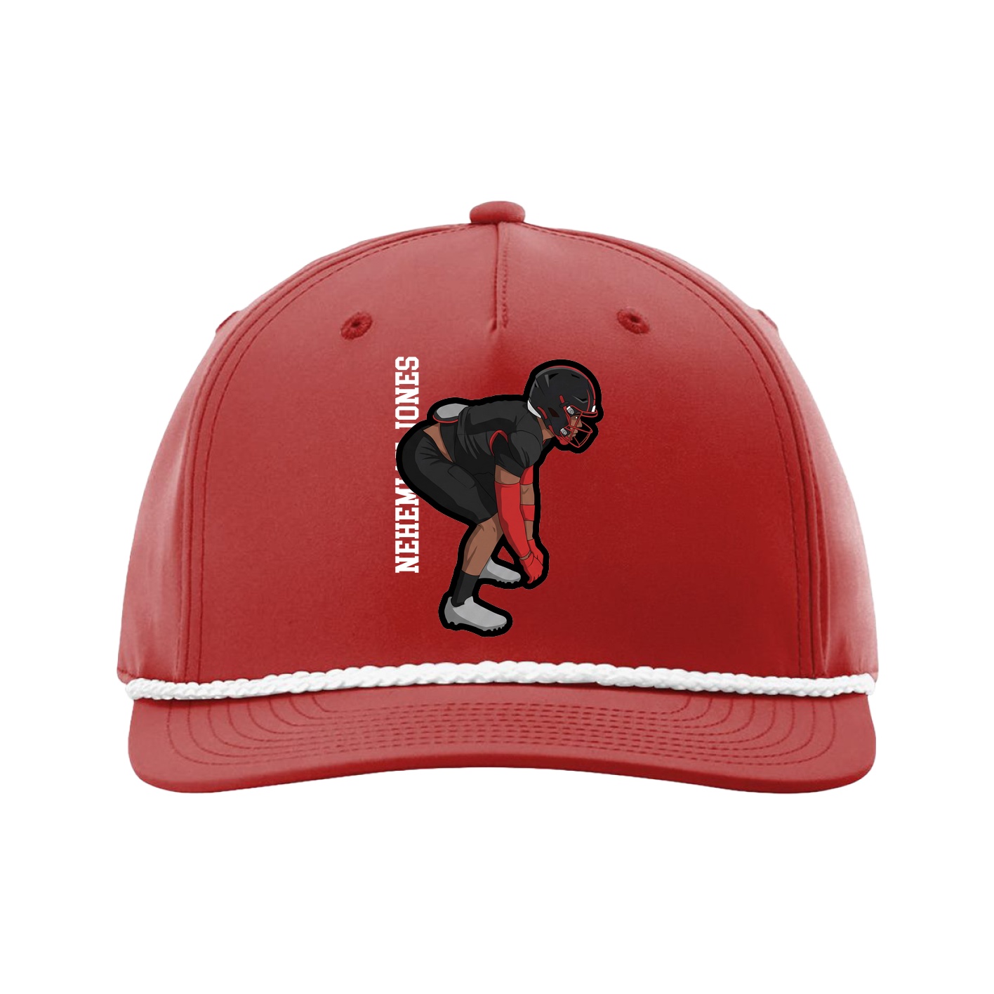 Five-Panel Classic Rope Cap — Name Vertical in Red