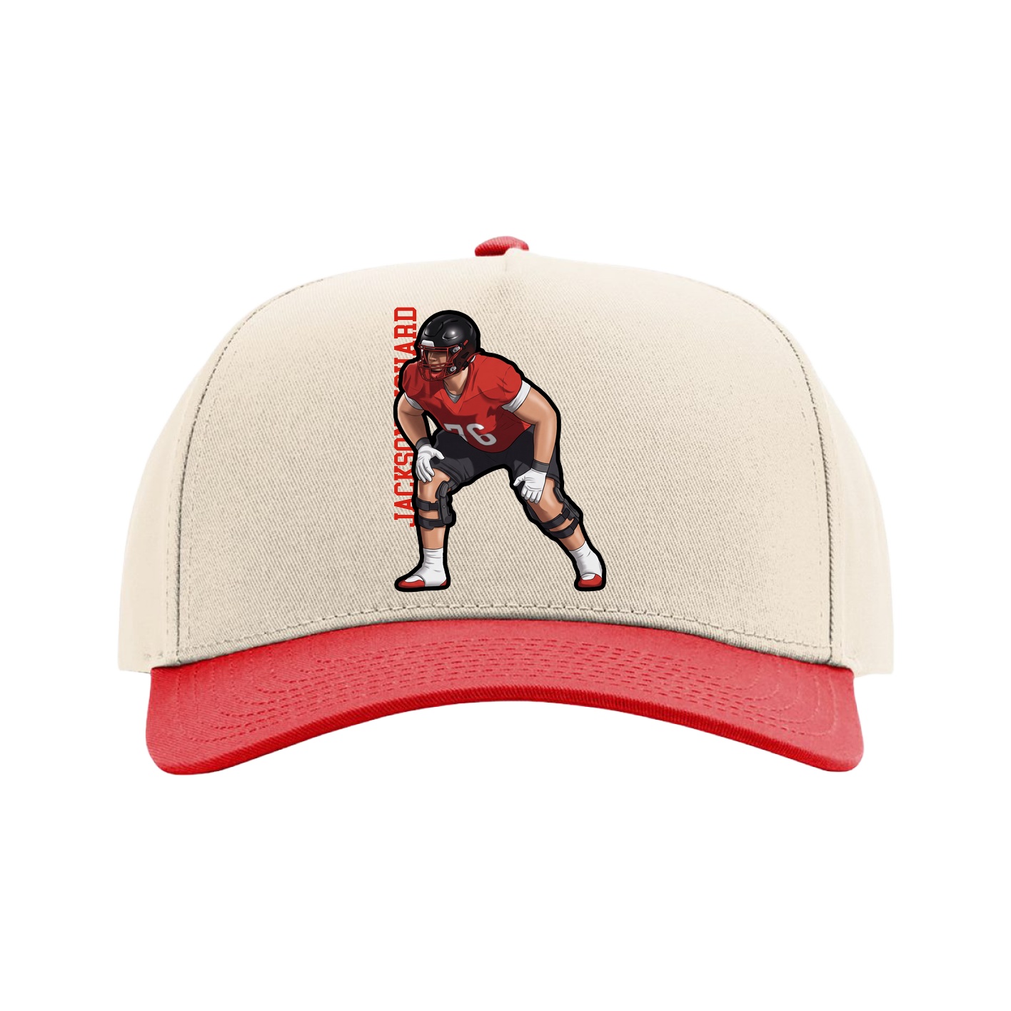 Full Fabric Five-Panel Champ Cap — Name Vertical in Cream/Red